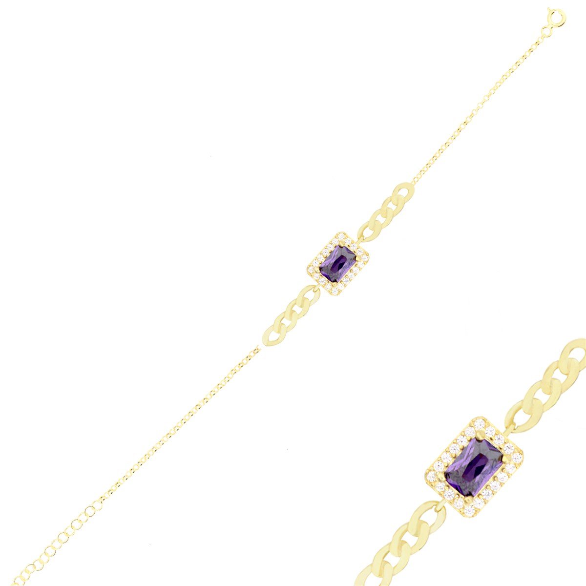 925 Ayar Gümüş Ametist Baget Takı Seti Zincir Detay