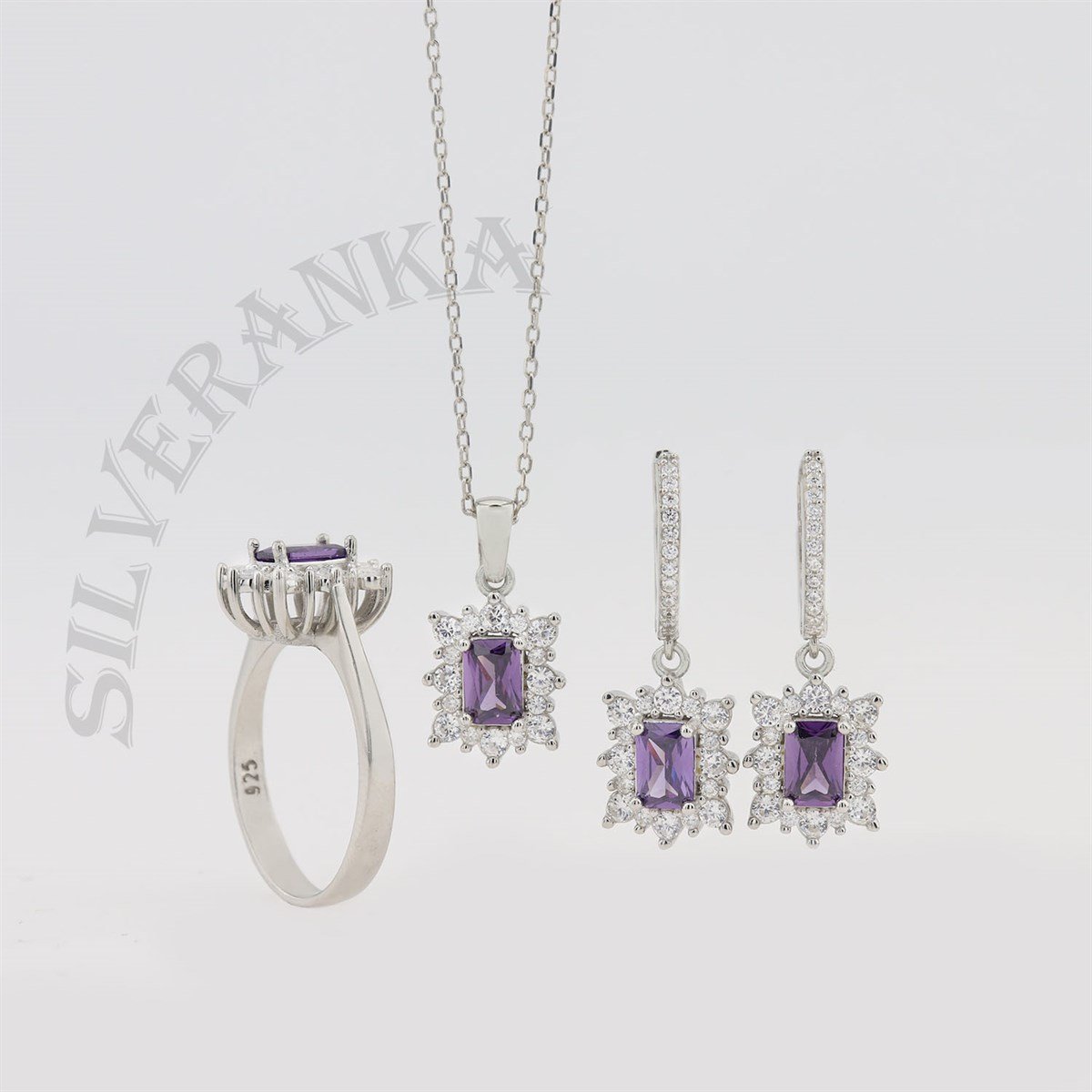 925 Ayar Gümüş Ametist Baget Taşlı Anturaj Set