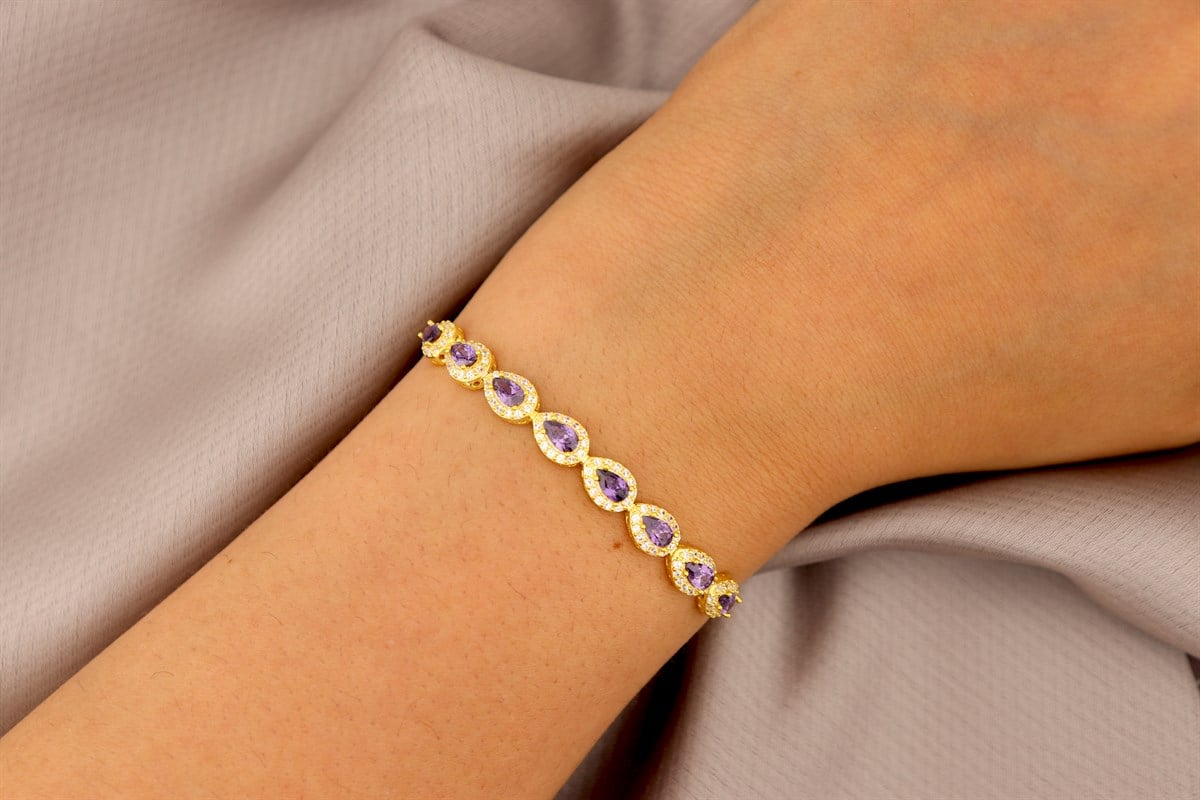 925 Ayar Gümüş Ametist Damla Taş Gold Bileklik