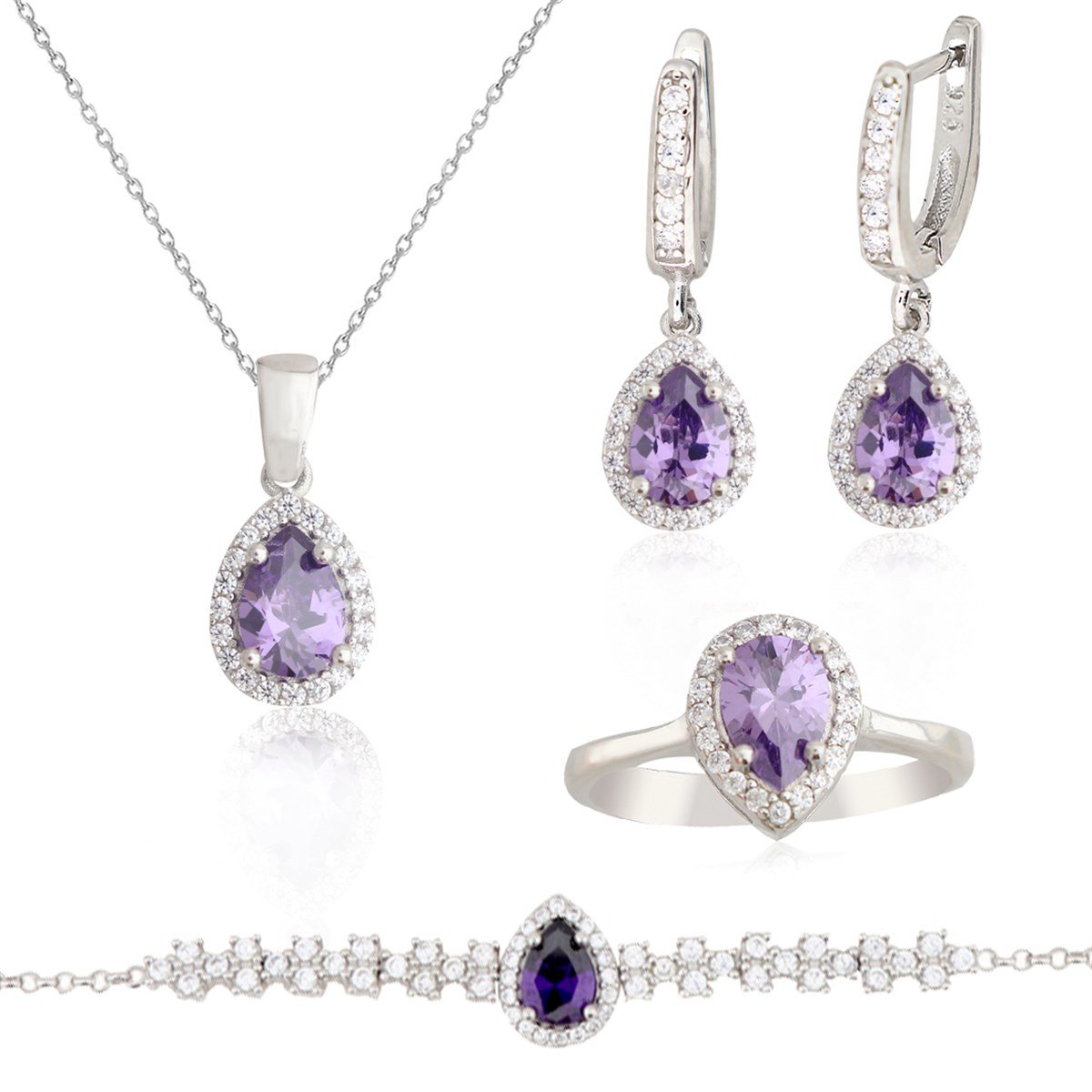 925 Ayar Gümüş Ametist Damla Taş Takı Seti