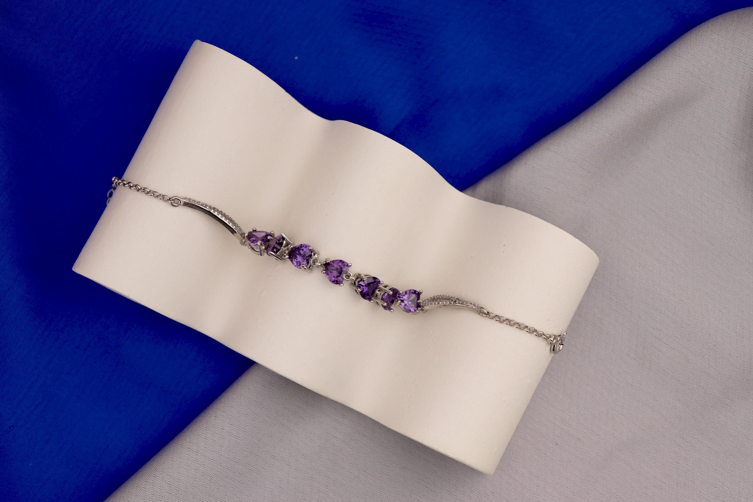 925 Ayar Gümüş Ametist Kalp Taşlı Su Yolu Bileklik