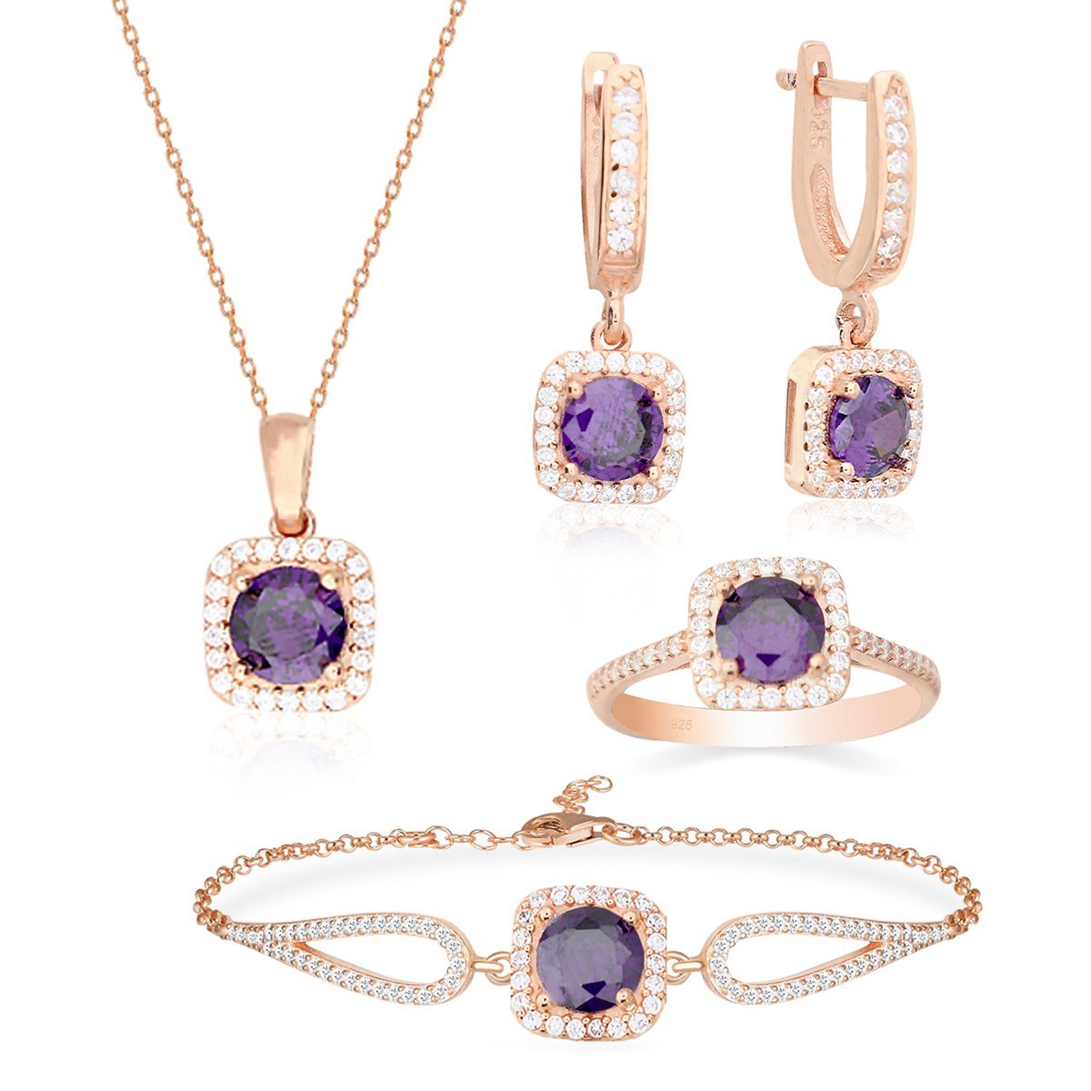 925 Ayar Gümüş Ametist Kare Pırlanta Modeli Takı Seti