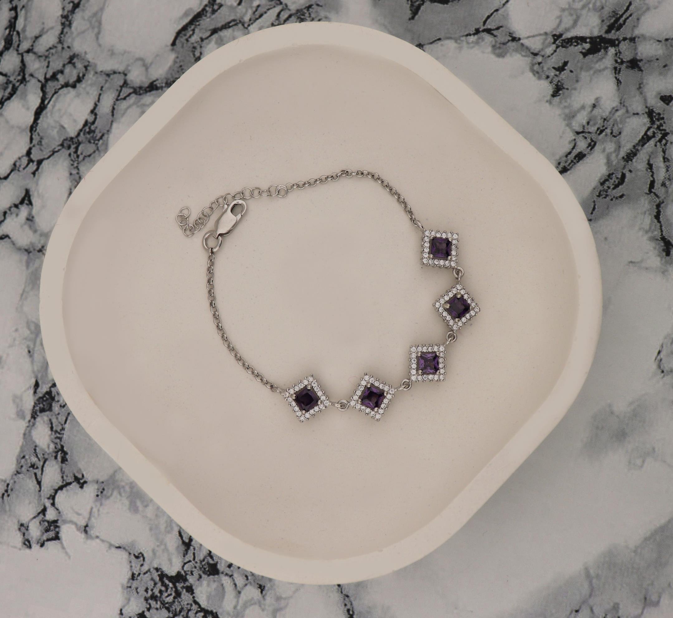 925 Ayar Gümüş Ametist Kare Taşlı Anturaj Bileklik