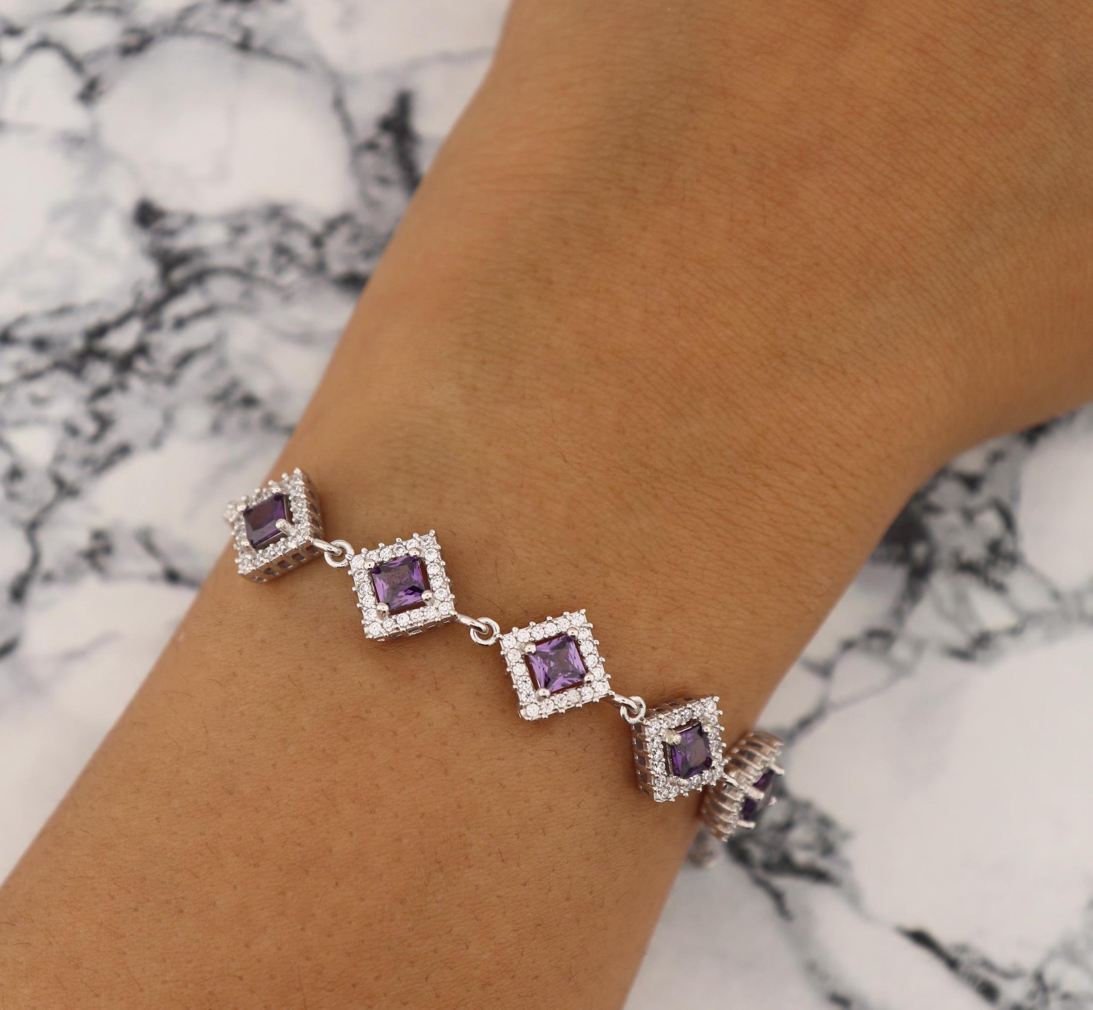 925 Ayar Gümüş Ametist Kare Taşlı Anturaj Bileklik