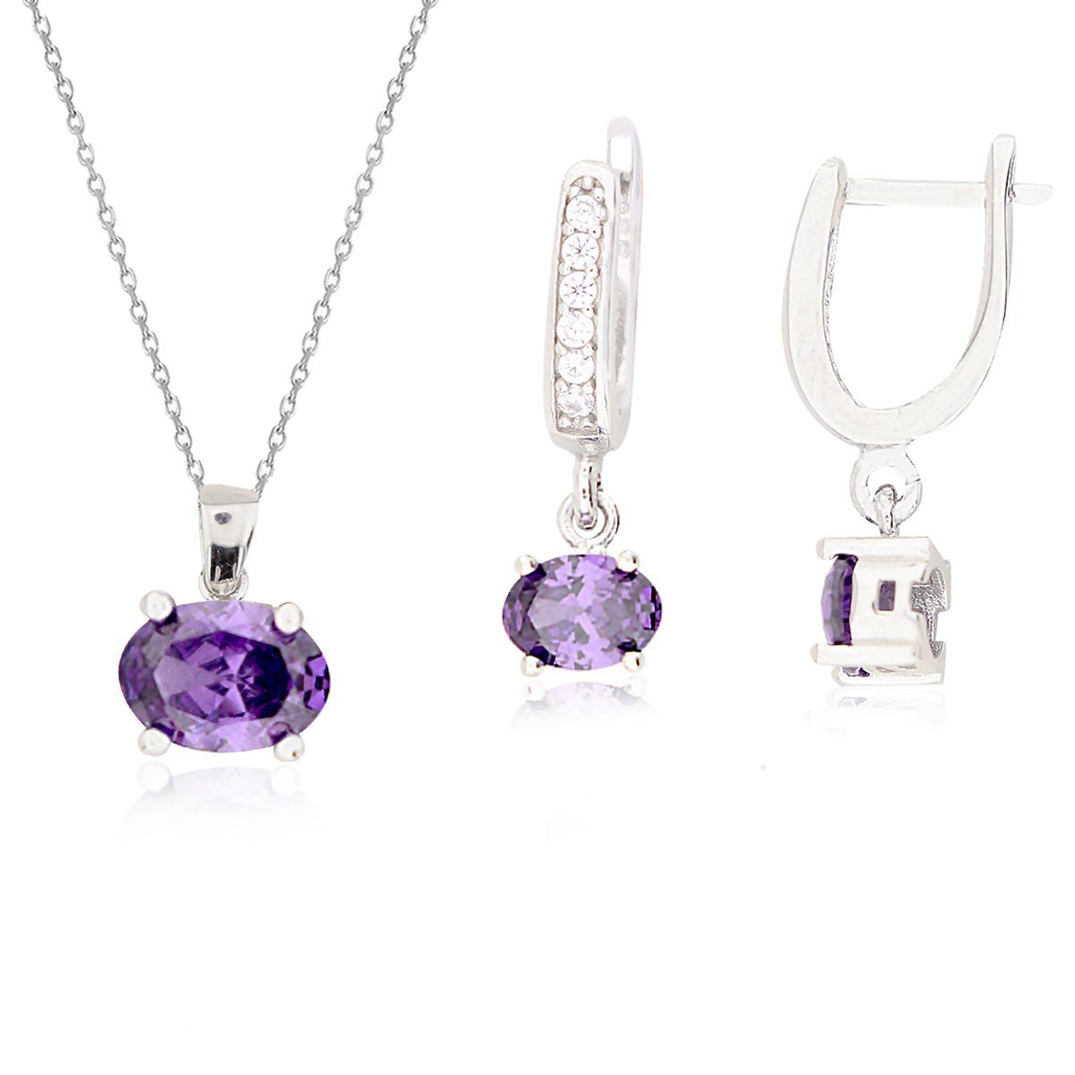 925 Ayar Gümüş Ametist Oval Taş Takı Seti