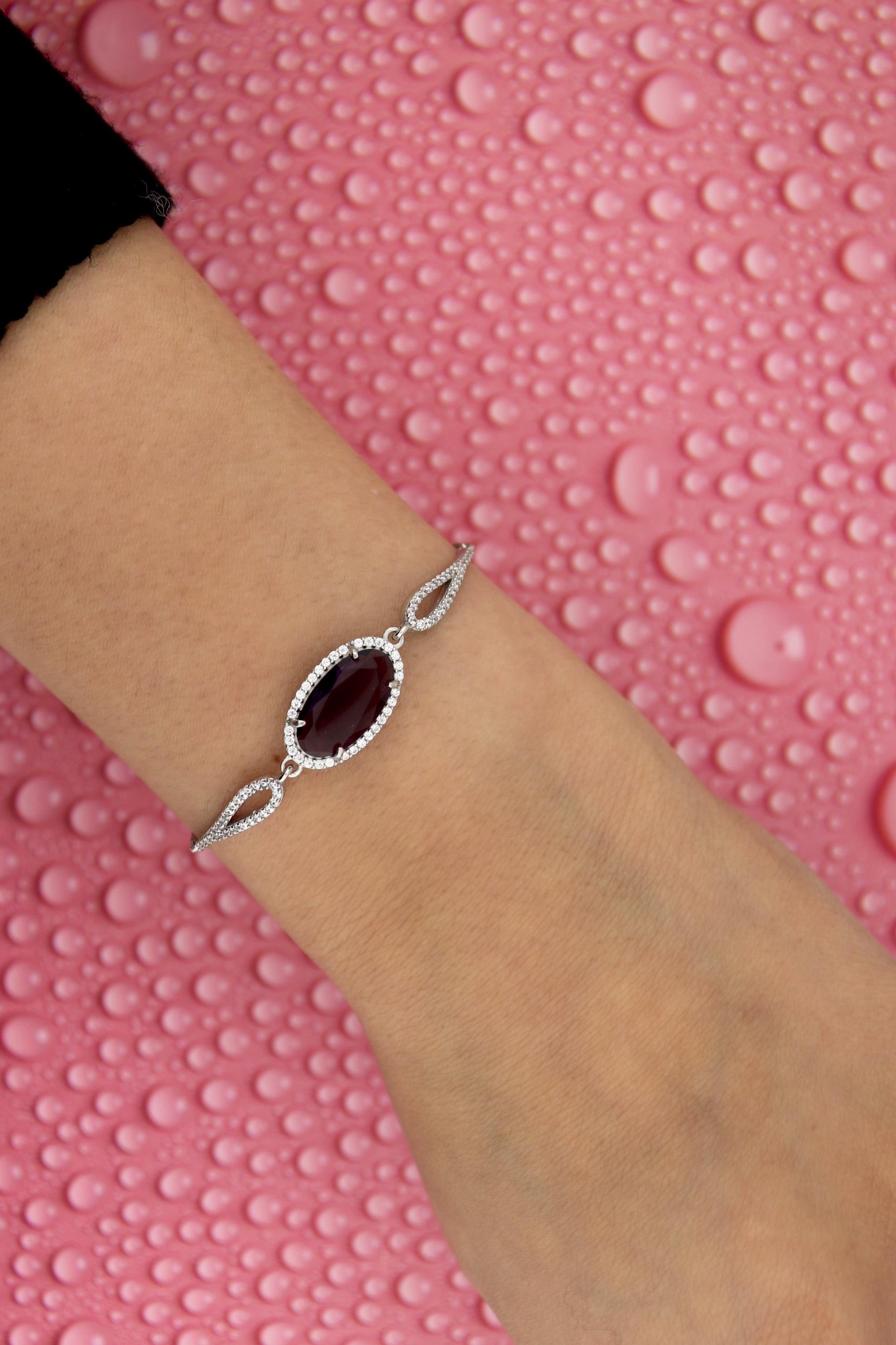 925 Ayar Gümüş Ametist Oval Taşlı Bileklik