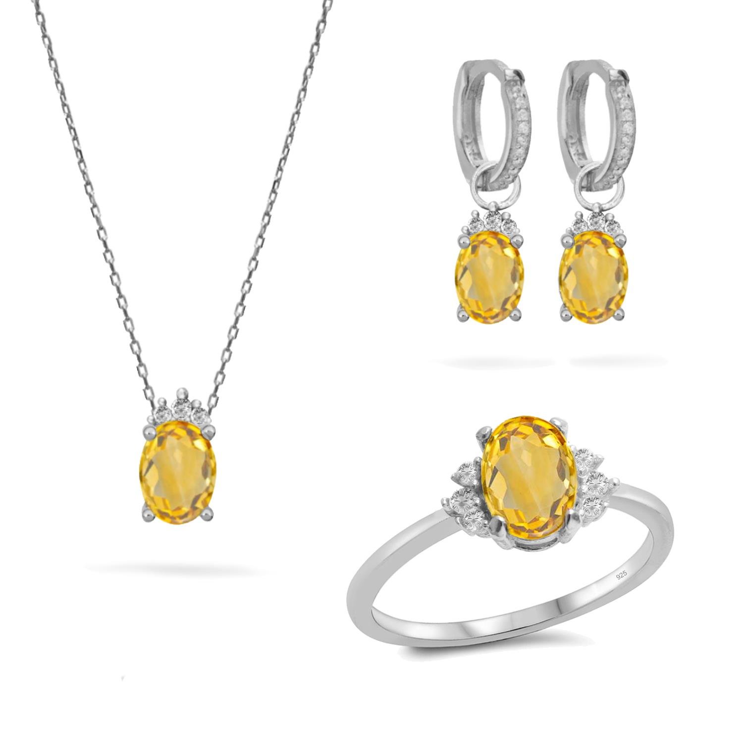 925 Ayar Gümüş Ametist Oval Taşlı Trend Takı Seti