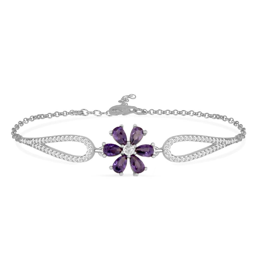 925 Ayar Gümüş Ametist Taşlı Çiçek Bileklik