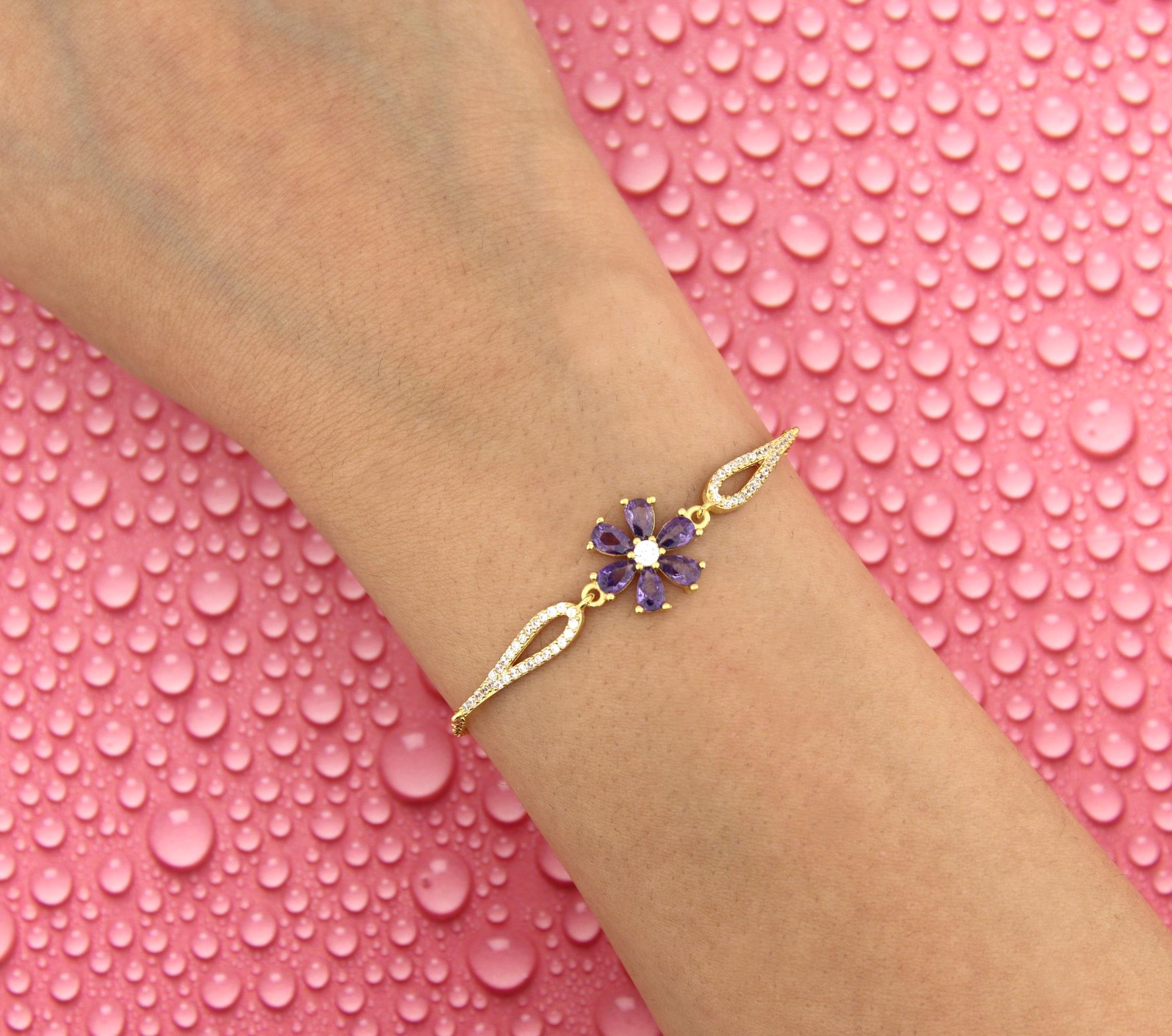 925 Ayar Gümüş Ametist Taşlı Çiçek Bileklik