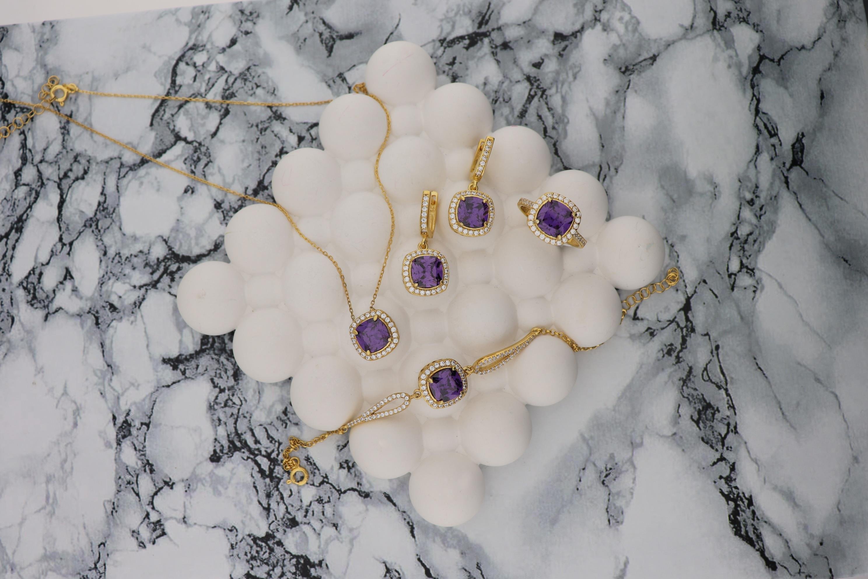 925 Ayar Gümüş Ametist Taşlı Takı Seti