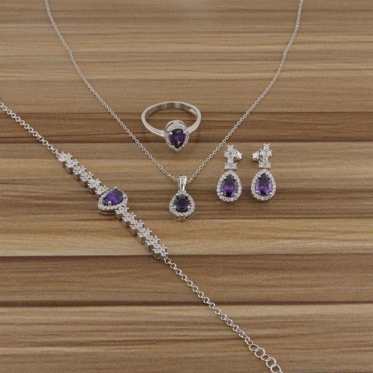 925 Ayar Gümüş Ametist Taşlı Zarid Damla Set