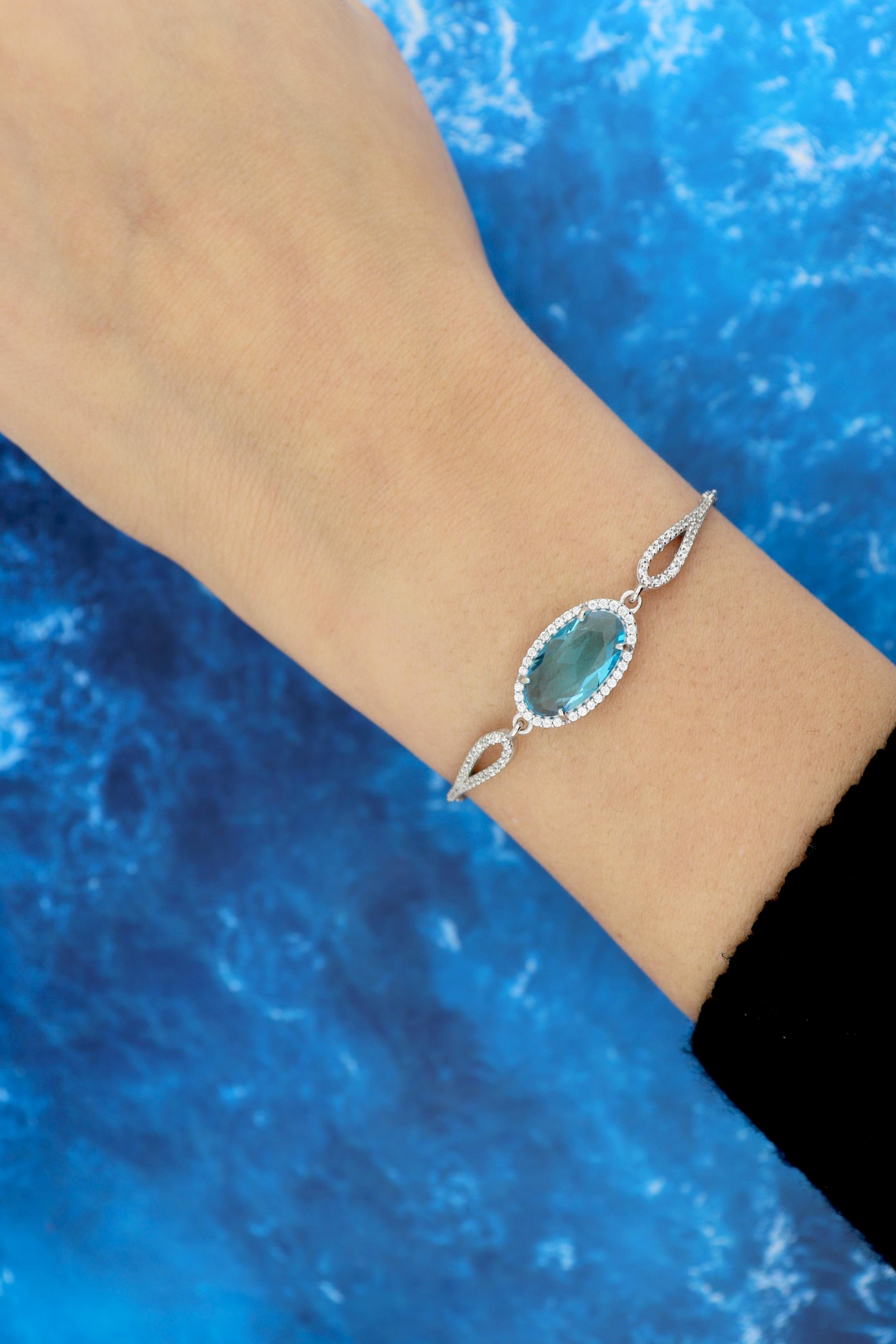 925 Ayar Gümüş Aqua Oval Taşlı Bileklik