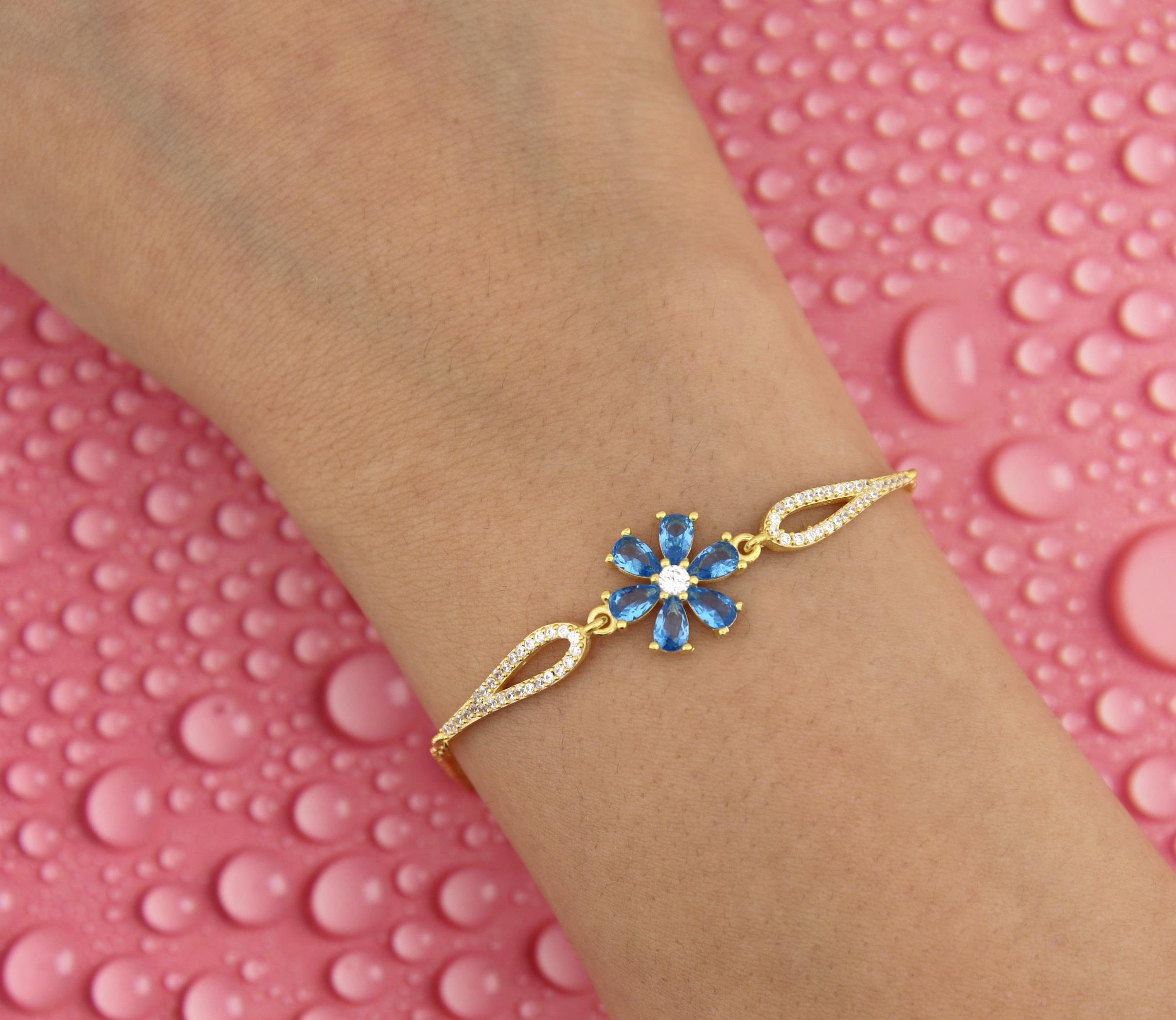 925 Ayar Gümüş Aqua Taşlı Çiçek Bileklik