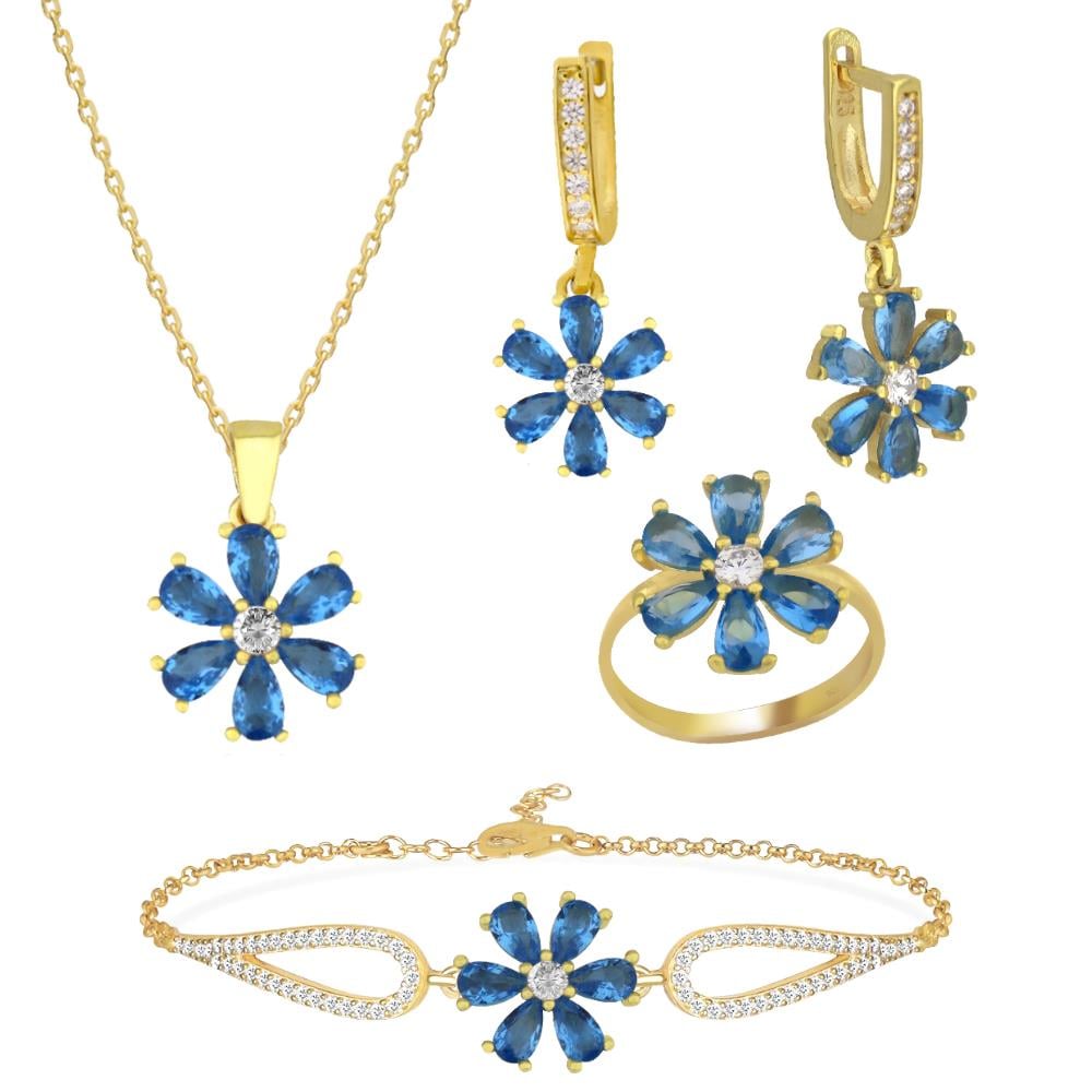 925 Ayar Gümüş Aqua Taşlı Çiçek Takı Seti
