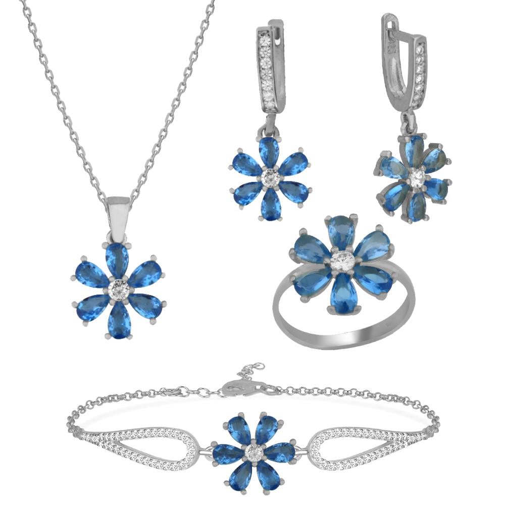 925 Ayar Gümüş Aqua Taşlı Çiçek Takı Seti