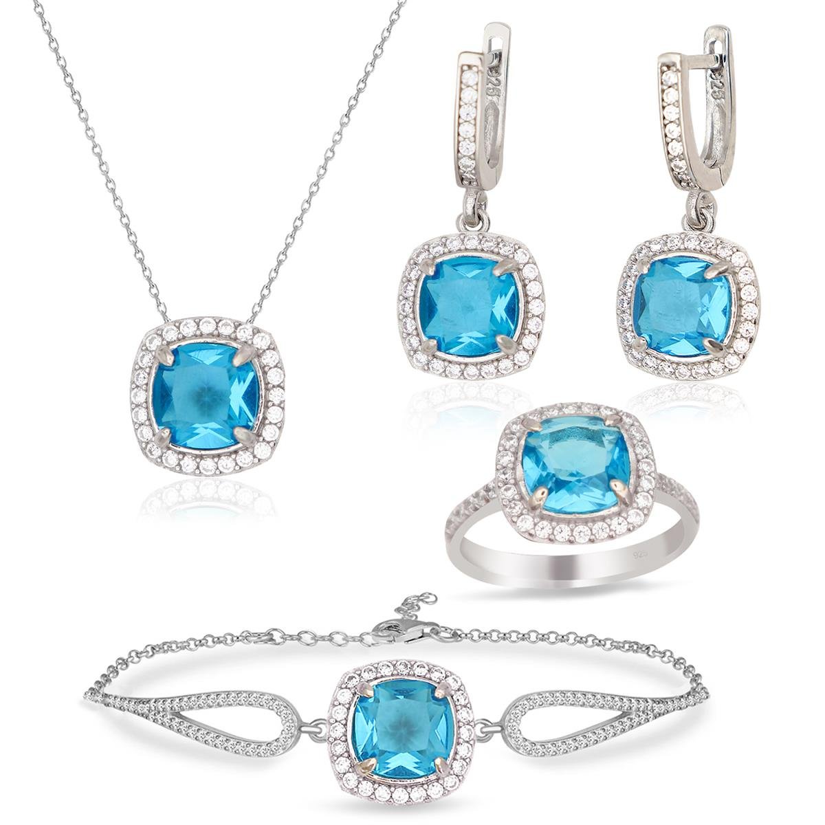 925 Ayar Gümüş Aqua Taşlı Takı Seti
