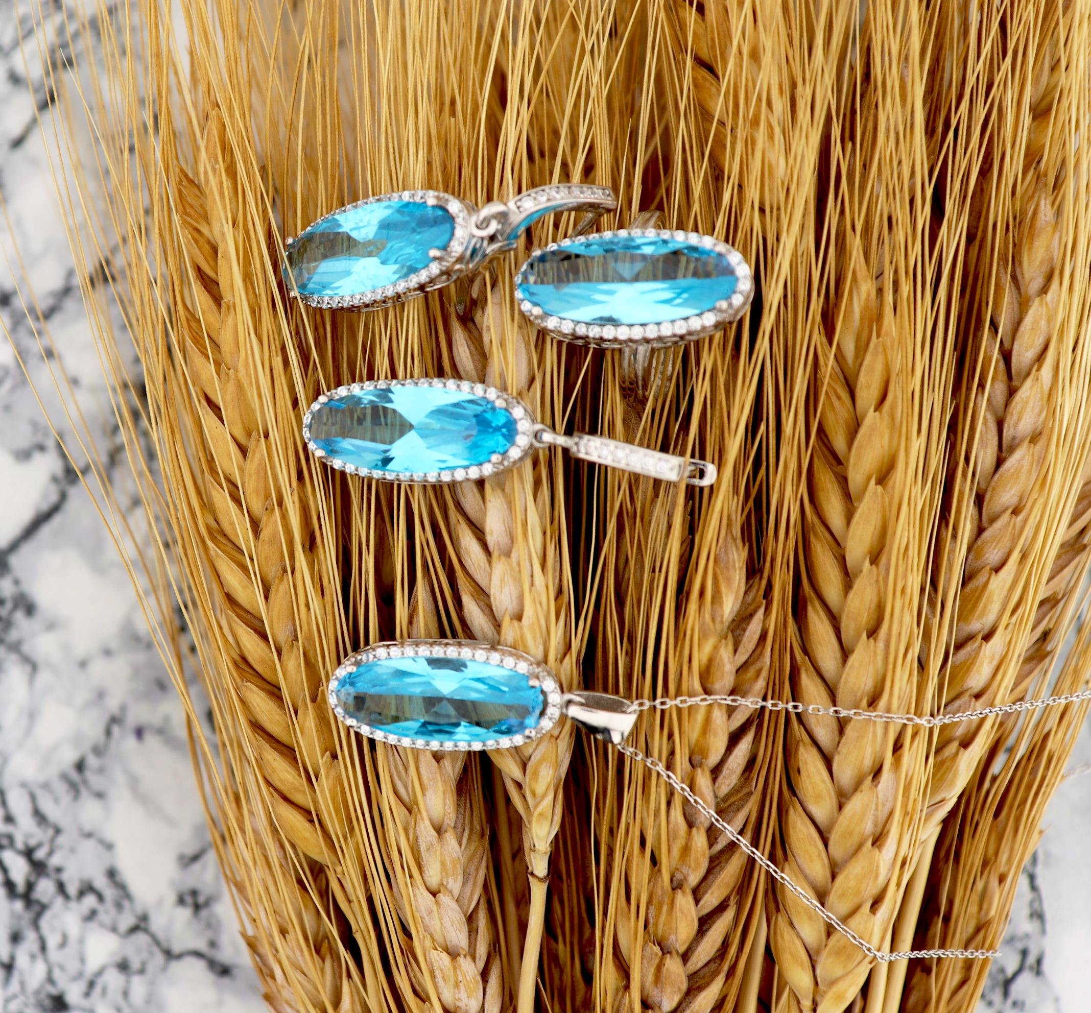 925 Ayar Gümüş Aquamarin Oval Taşlı Gösterişli Takı Seti