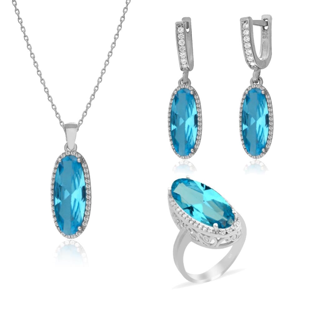 925 Ayar Gümüş Aquamarin Oval Taşlı Gösterişli Takı Seti