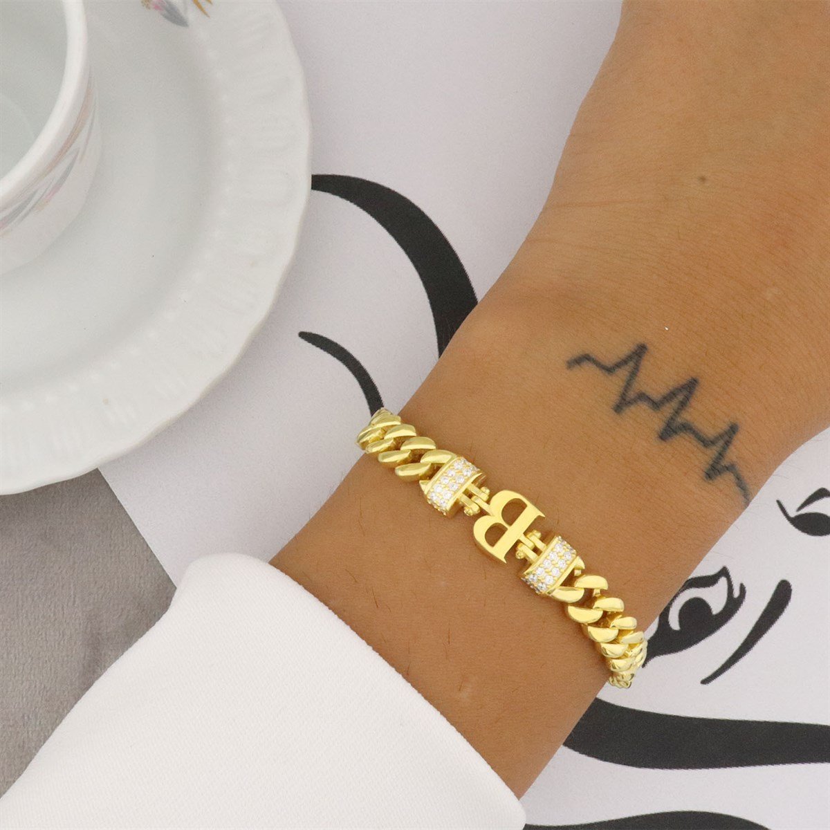 925 Ayar Gümüş B Harfi Gold Bileklik