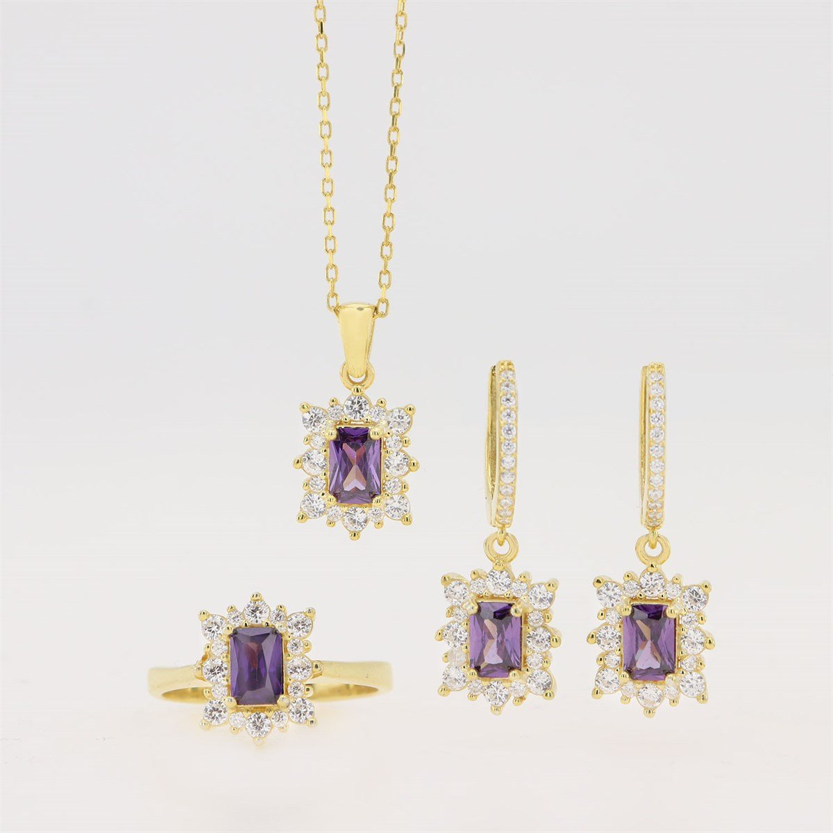 925 Ayar Gümüş Baget Ametist Taşlı Gold Anturaj Set