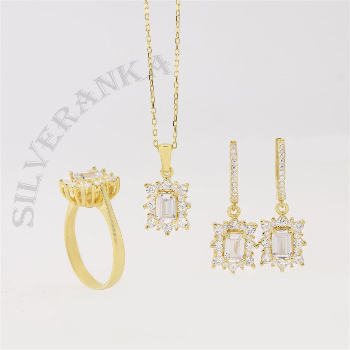 925 Ayar Gümüş Baget Beyaz Taşlı Gold Anturaj Set