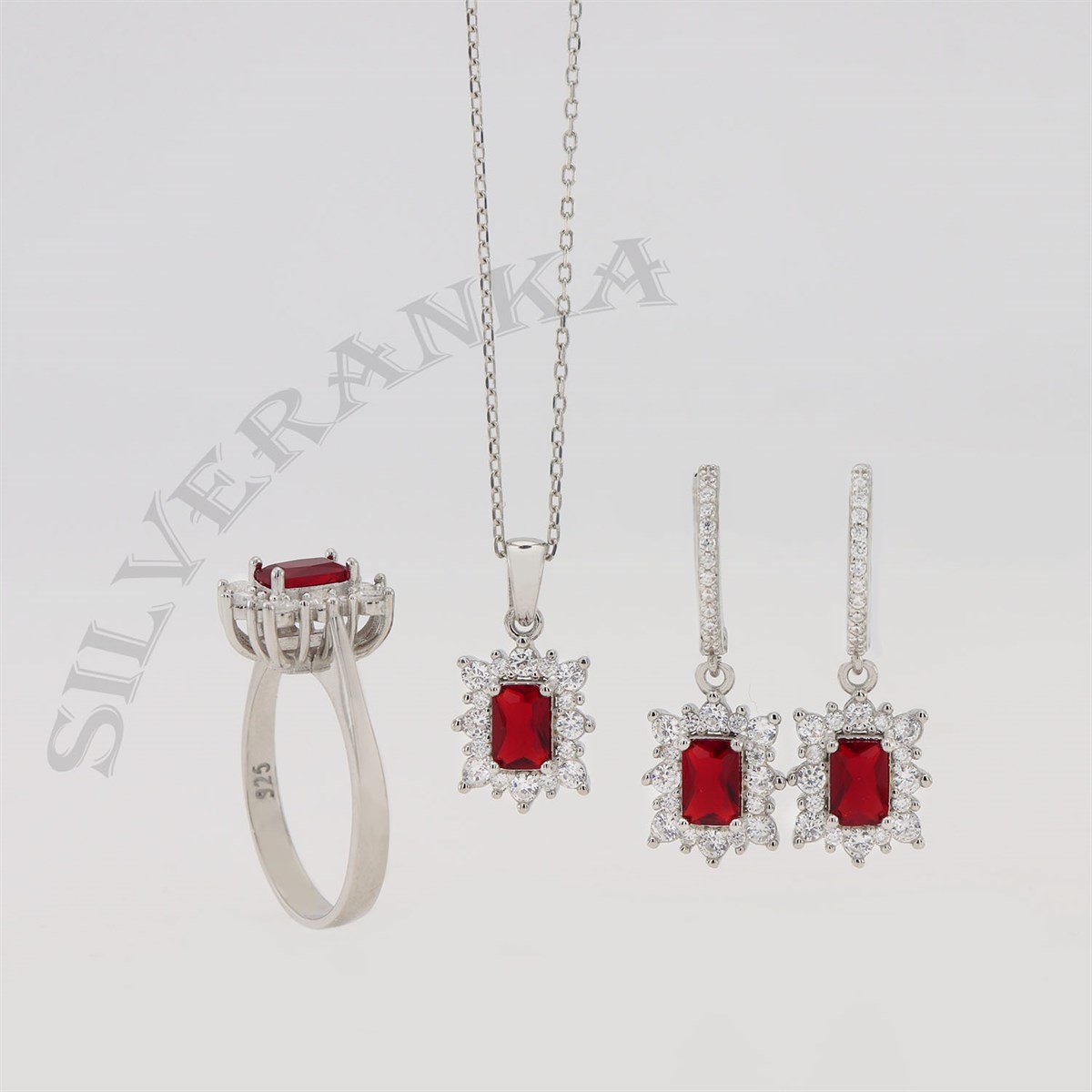 925 Ayar Gümüş Baget Kırmızı Taşlı Anturaj Set