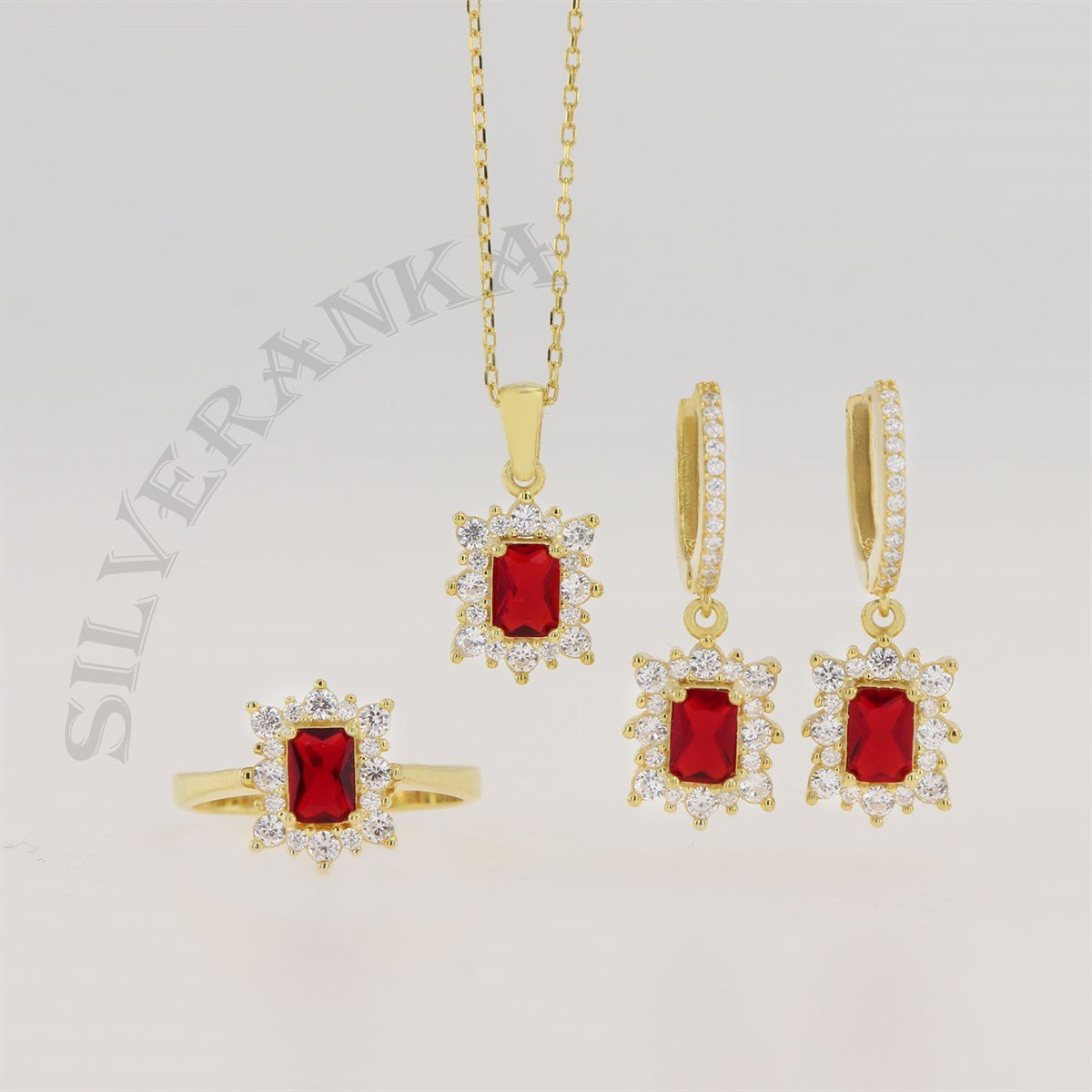 925 Ayar Gümüş Baget Kırmızı Taşlı Gold Anturaj Set