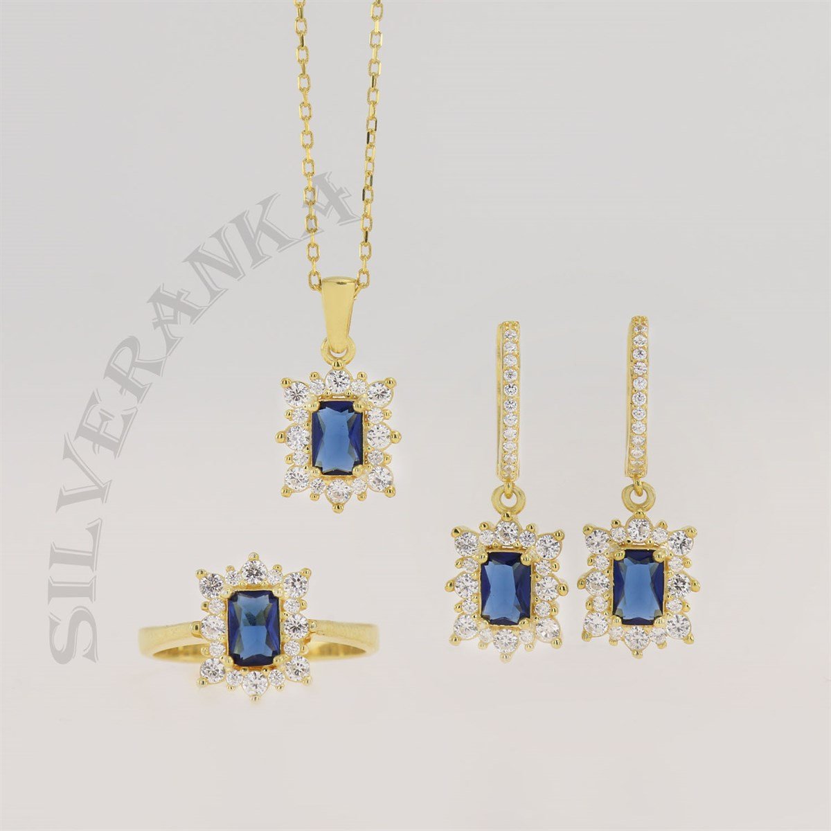 925 Ayar Gümüş Baget Safir Taşlı Gold Anturaj Set