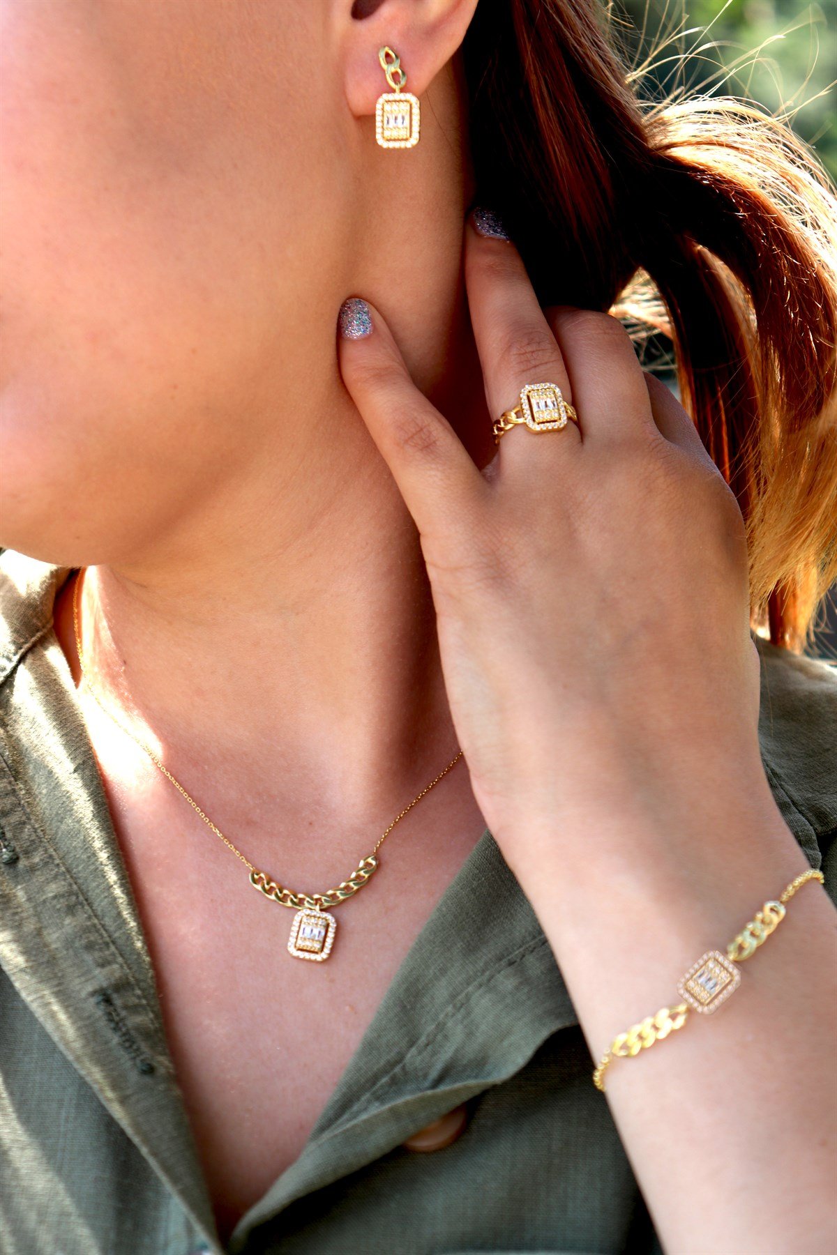 925 Ayar Gümüş Baget Takı Seti Altın Kaplama Zincir Detay