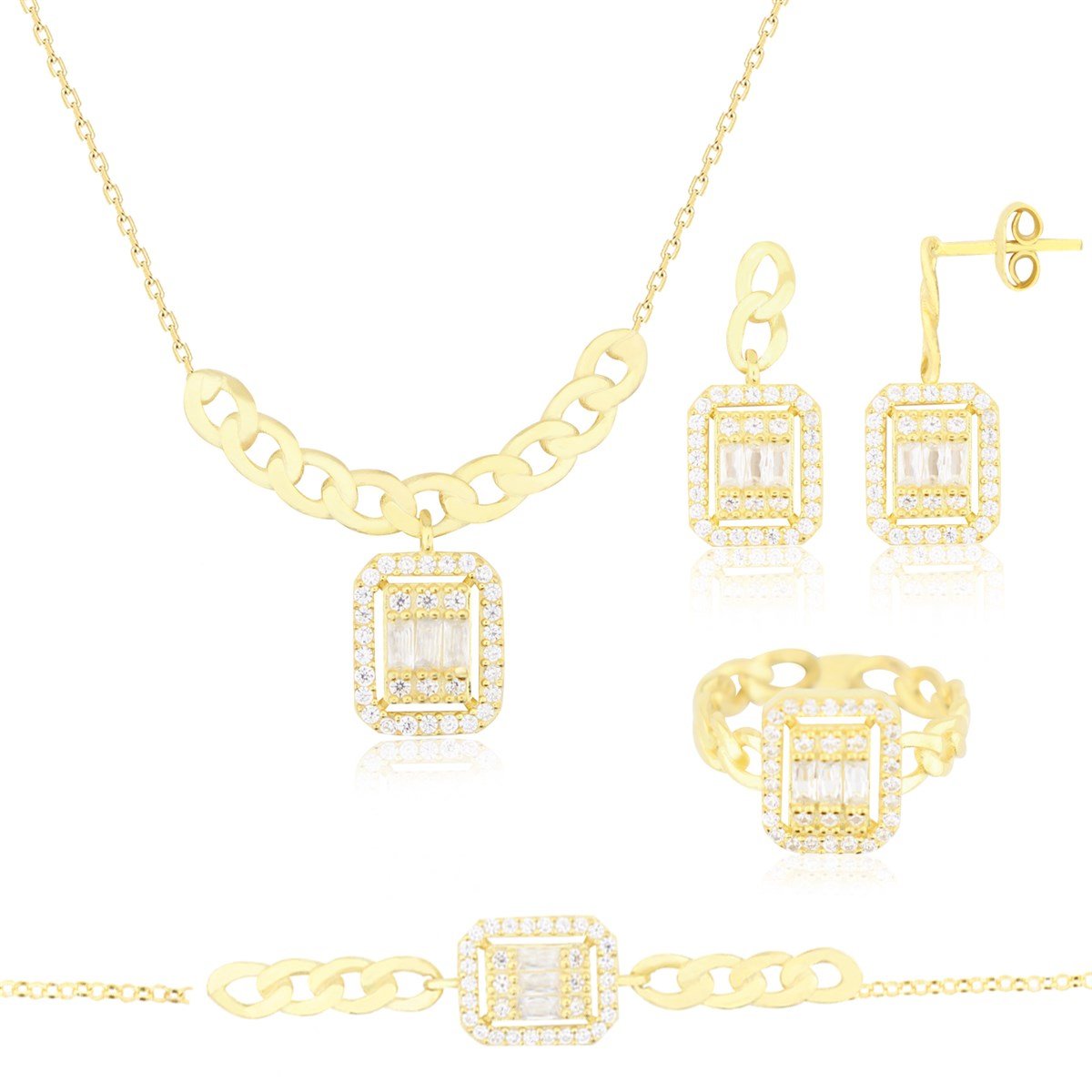 925 Ayar Gümüş Baget Takı Seti Altın Kaplama Zincir Detay