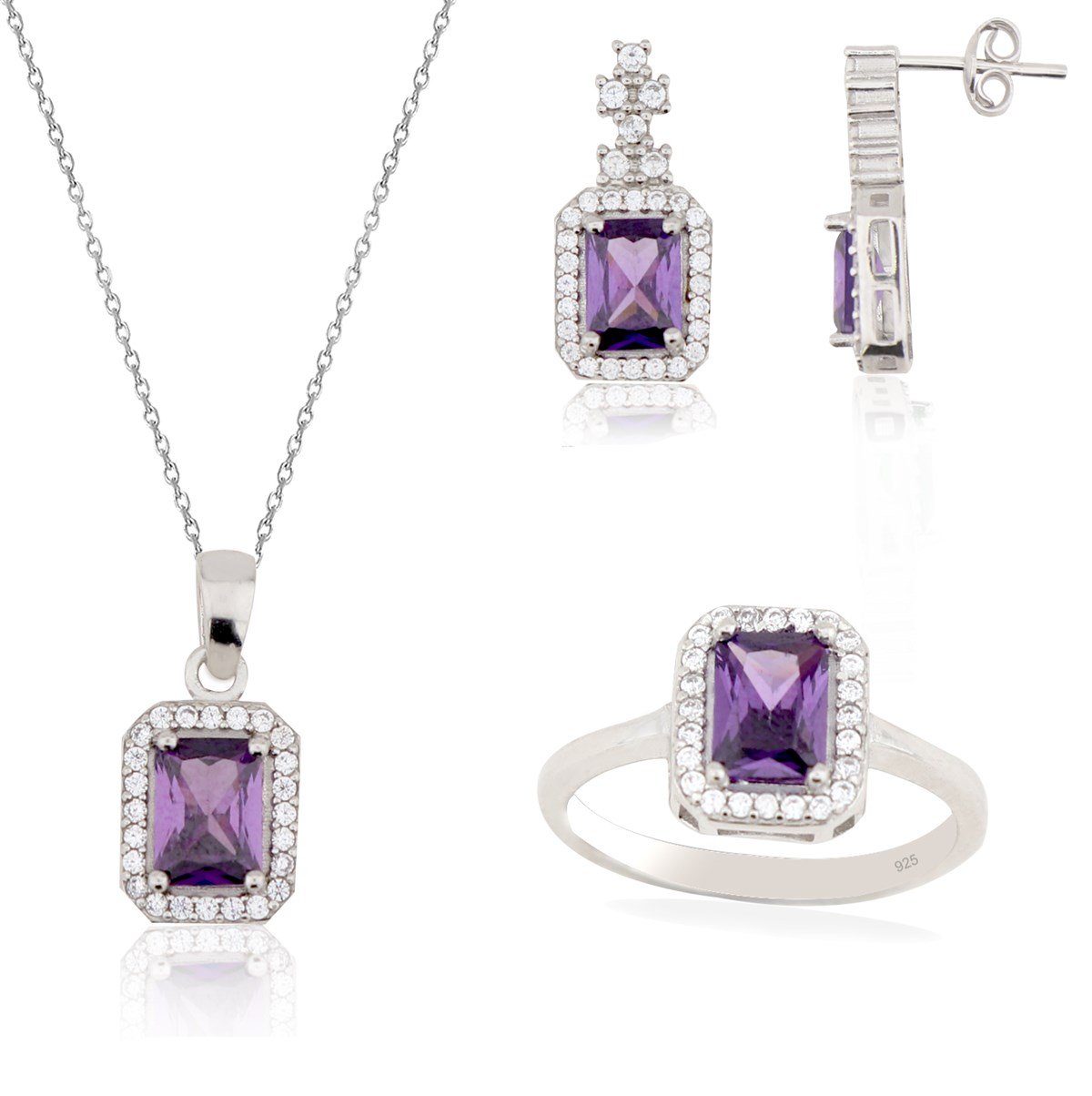925 Ayar Gümüş Baget Takı Seti Ametist 3'lü Set