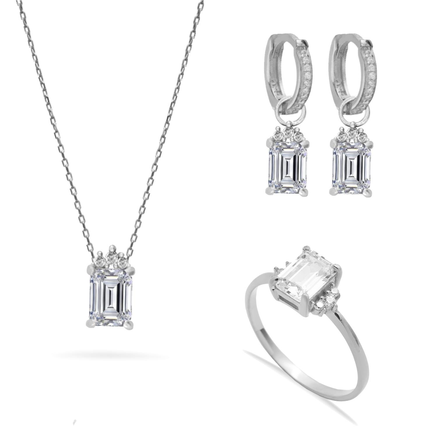 925 Ayar Gümüş Beyaz Baget Taşlı Trend Takı Seti