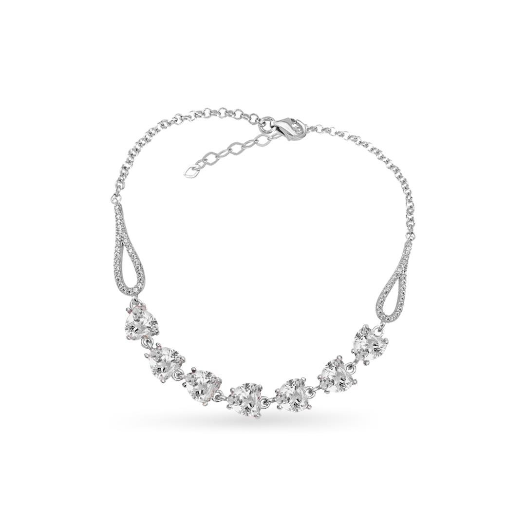 925 Ayar Gümüş Beyaz Kalp Taşlı Su Yolu Bileklik