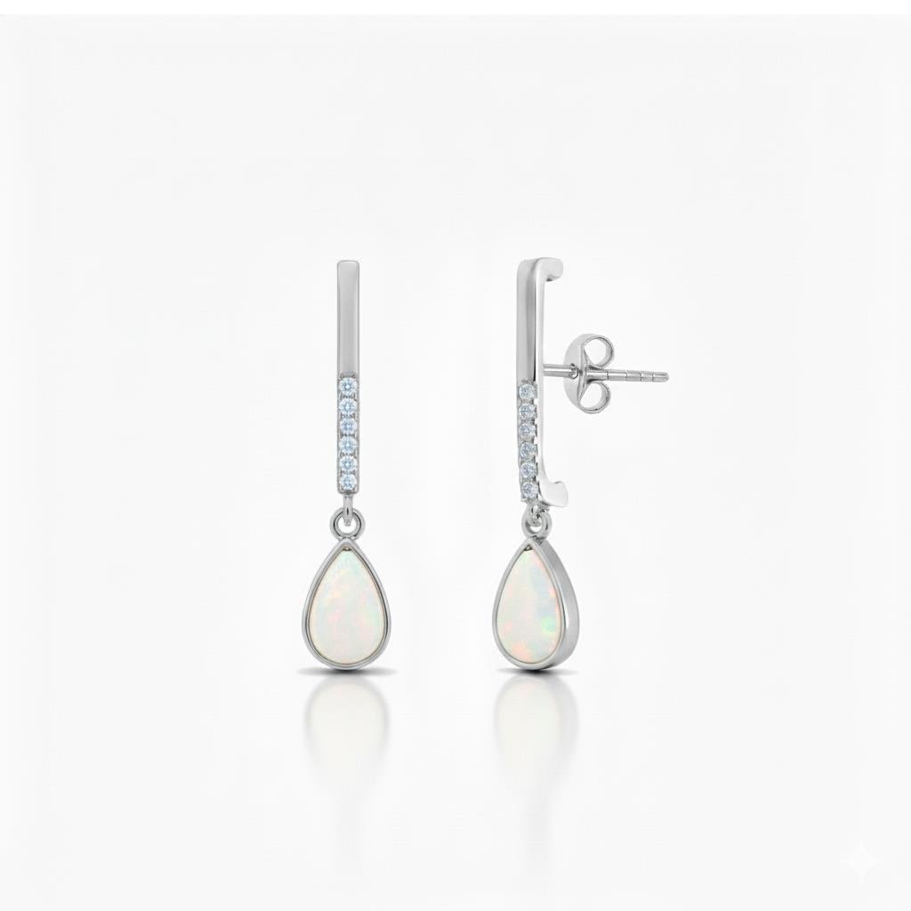 925 Ayar Gümüş Beyaz Opal Damla Taşlı Küpe