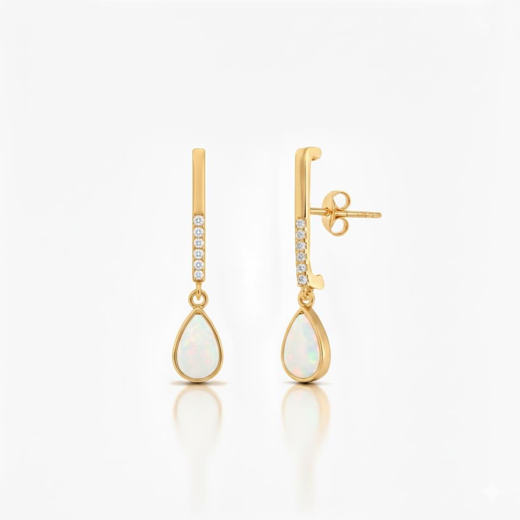 925 Ayar Gümüş Beyaz Opal Damla Taşlı Küpe