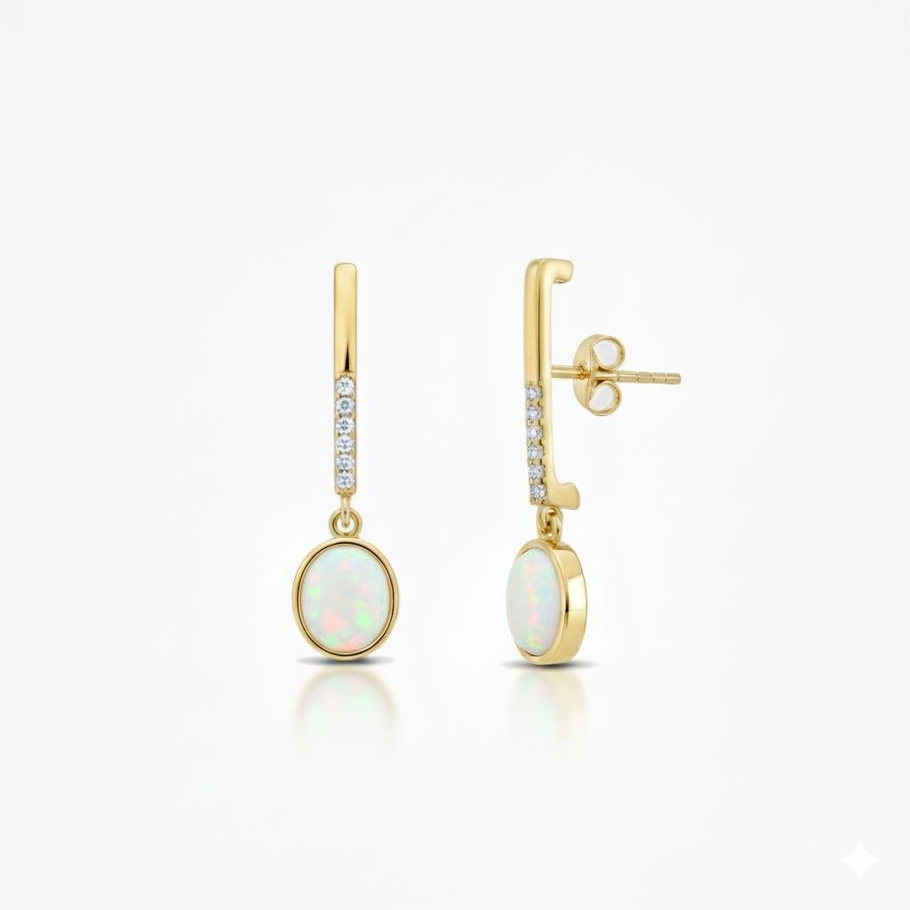 925 Ayar Gümüş Beyaz Opal Yuvarlak Taşlı Küpe