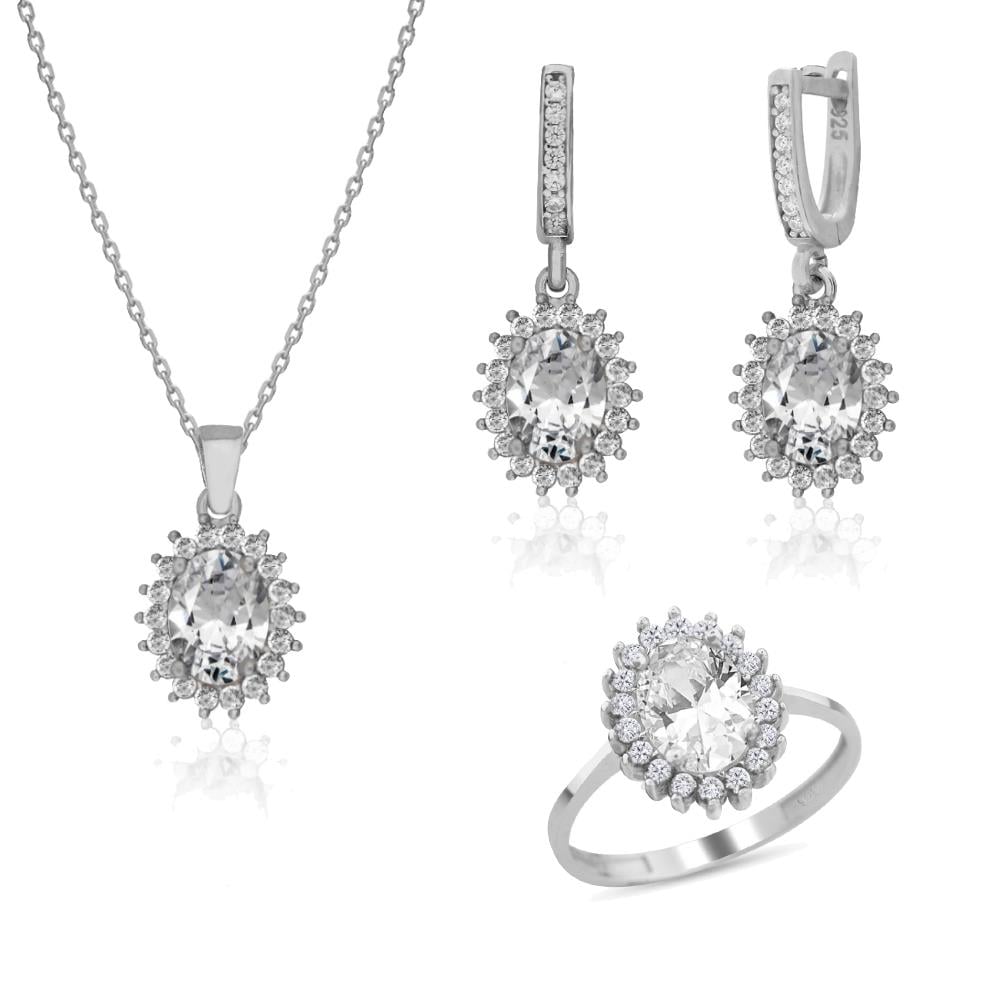 925 Ayar Gümüş Beyaz Oval Anturaj Takı Seti