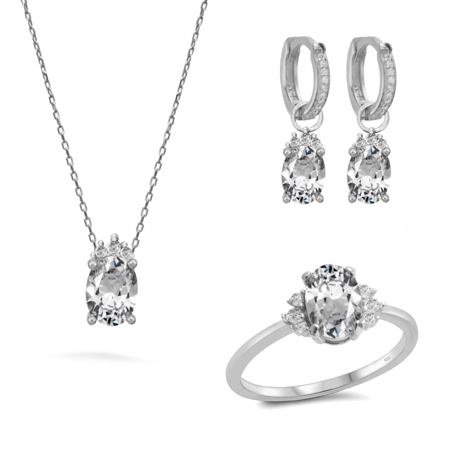 925 Ayar Gümüş Beyaz Oval Taşlı Trend Takı Seti