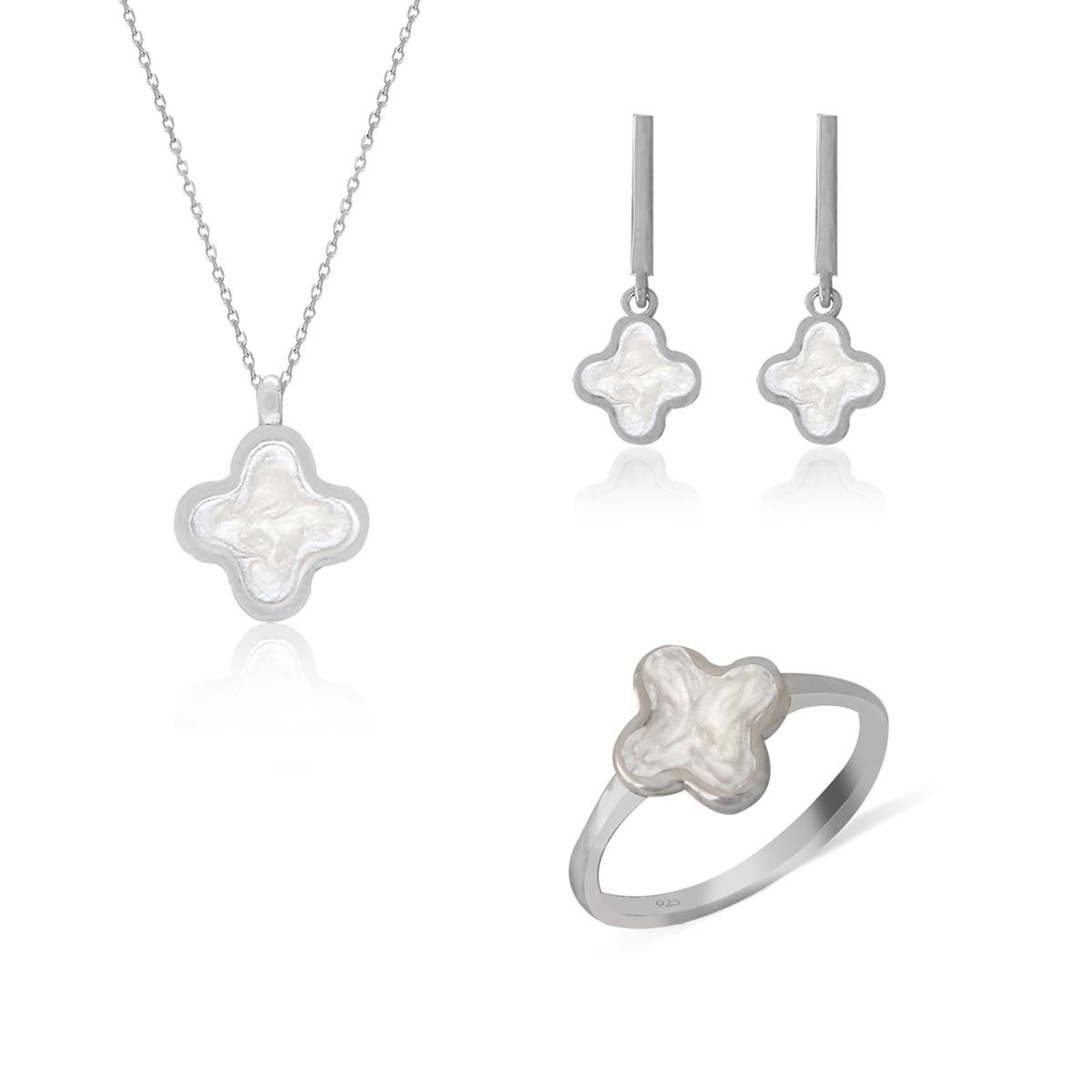 925 Ayar Gümüş Beyaz Sedefli Yonca Takı Seti