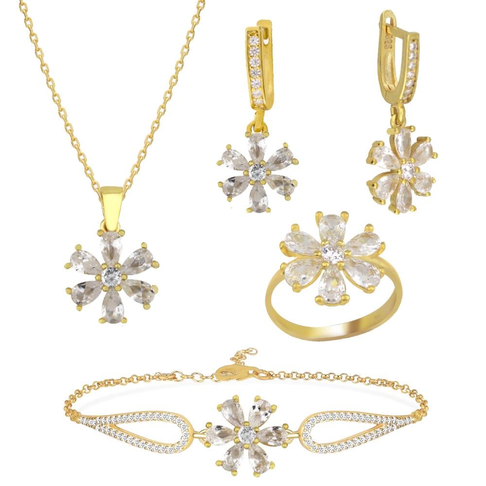 925 Ayar Gümüş Beyaz Taşlı Çiçek Takı Seti