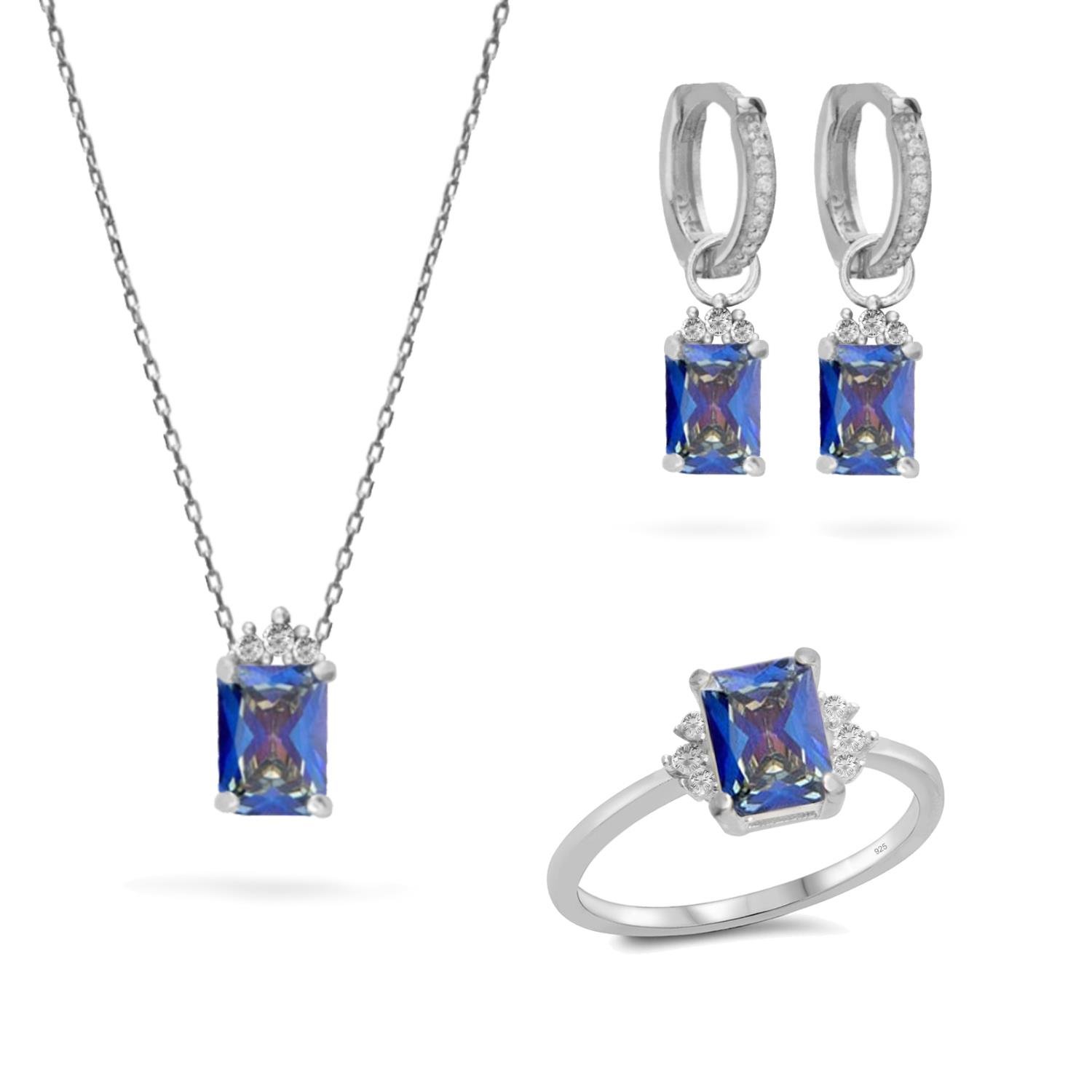 925 Ayar Gümüş Blue Topaz Baget Taşlı Trend Takı Seti