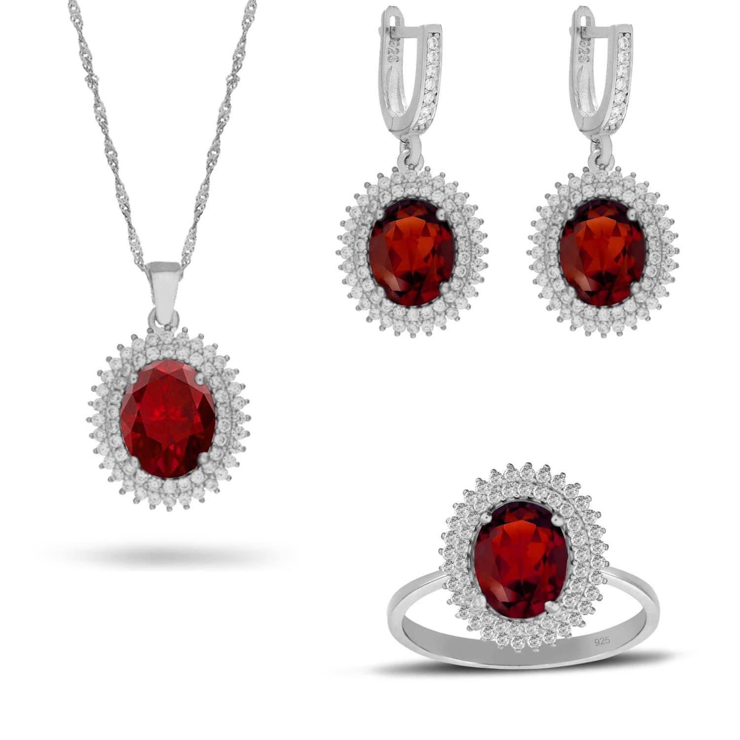 925 Ayar Gümüş Çift Sıra Kırmızı Taşlı Oval Takı Seti
