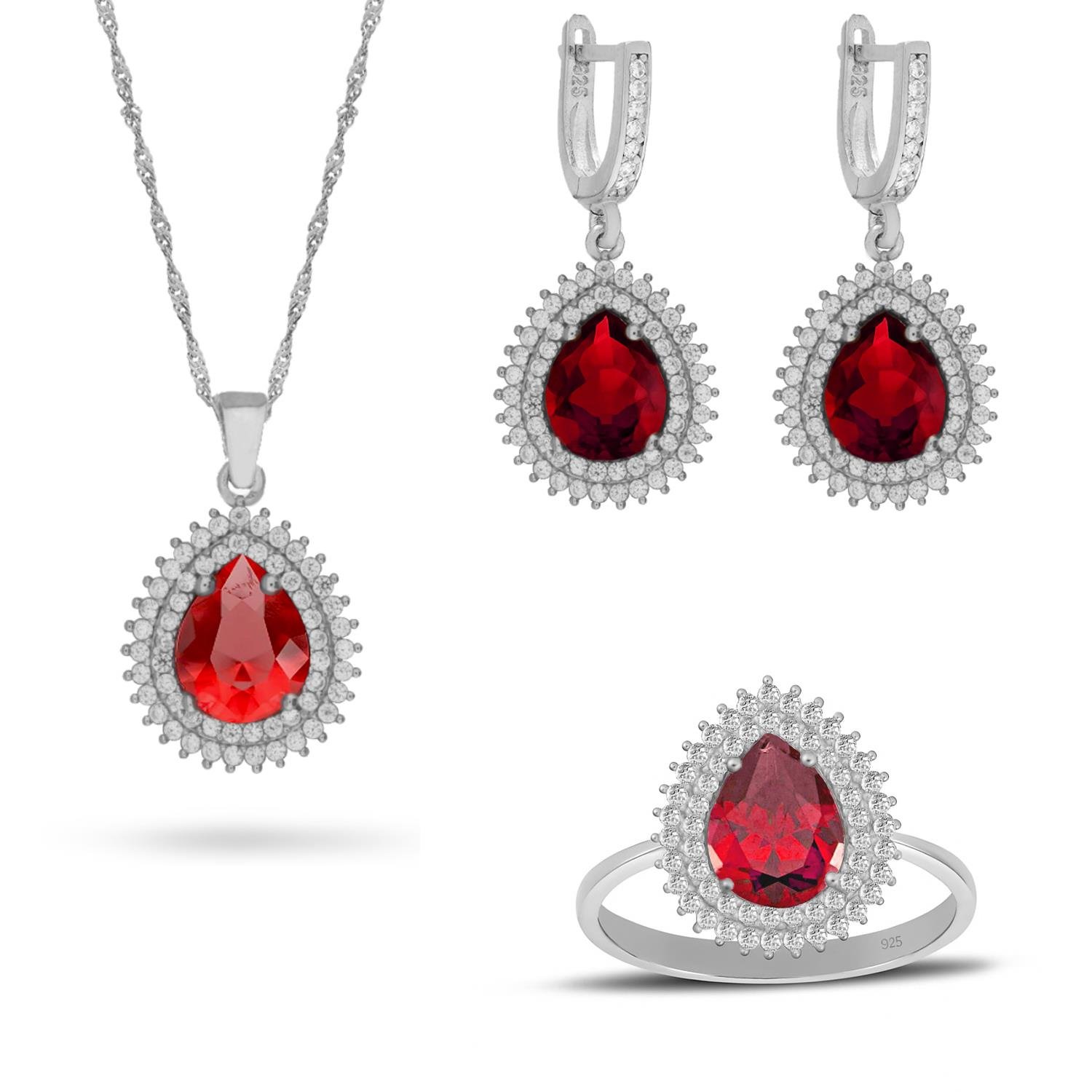 925 Ayar Gümüş Çift Sıra Kırmızı Taşlı Damla Takı Seti
