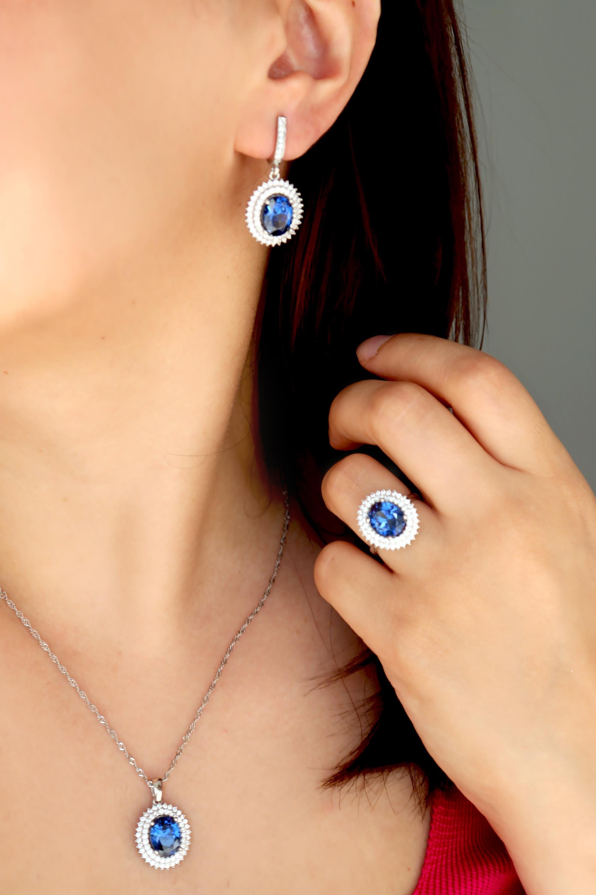 925 Ayar Gümüş Çift Sıra Kristal Safir Taşlı Oval Takı Seti
