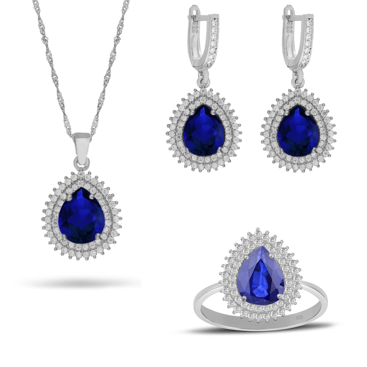 925 Ayar Gümüş Çift Sıra Kristal Safir Taşlı Damla Takı Seti