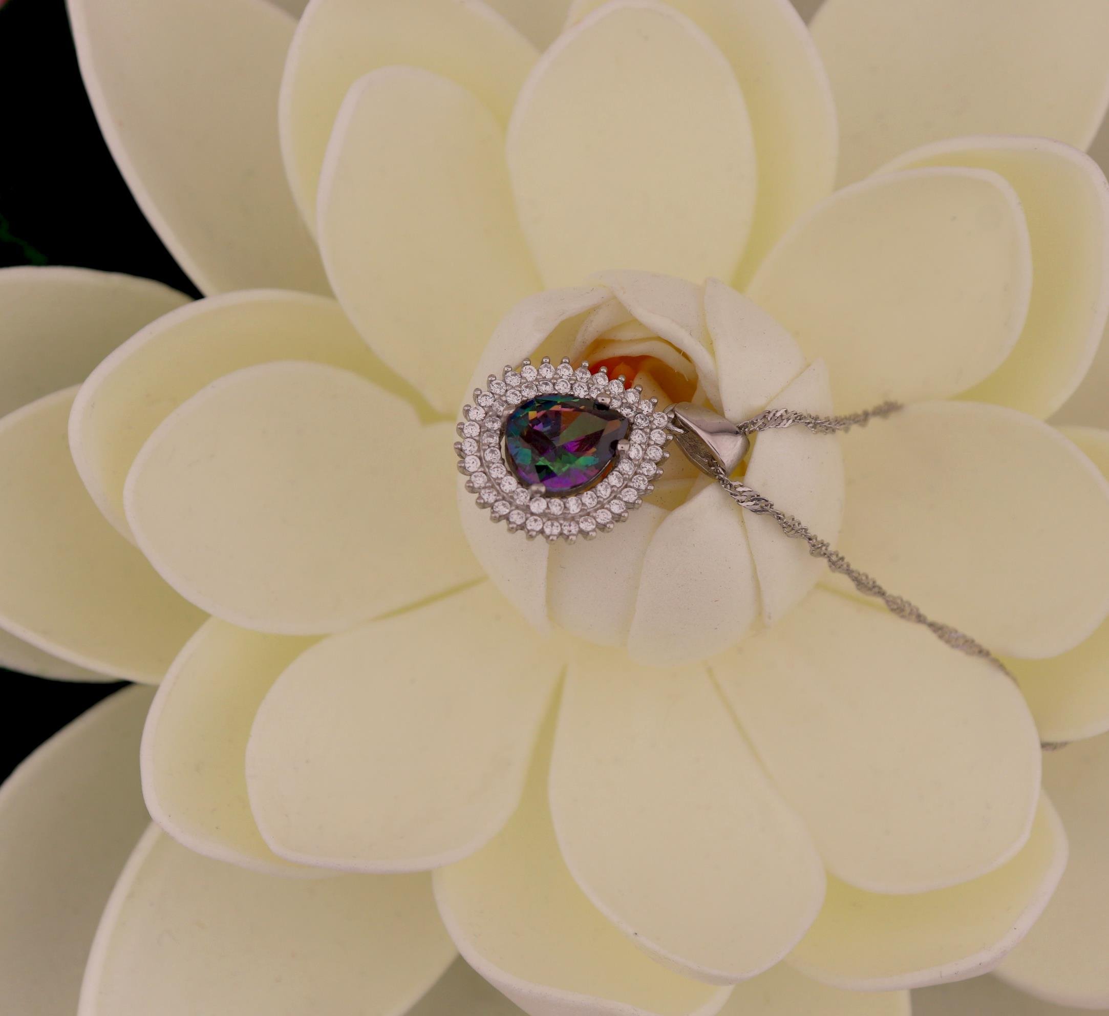 925 Ayar Gümüş Çift Sıra Taşlı Mistik Topaz Damla Takı Seti