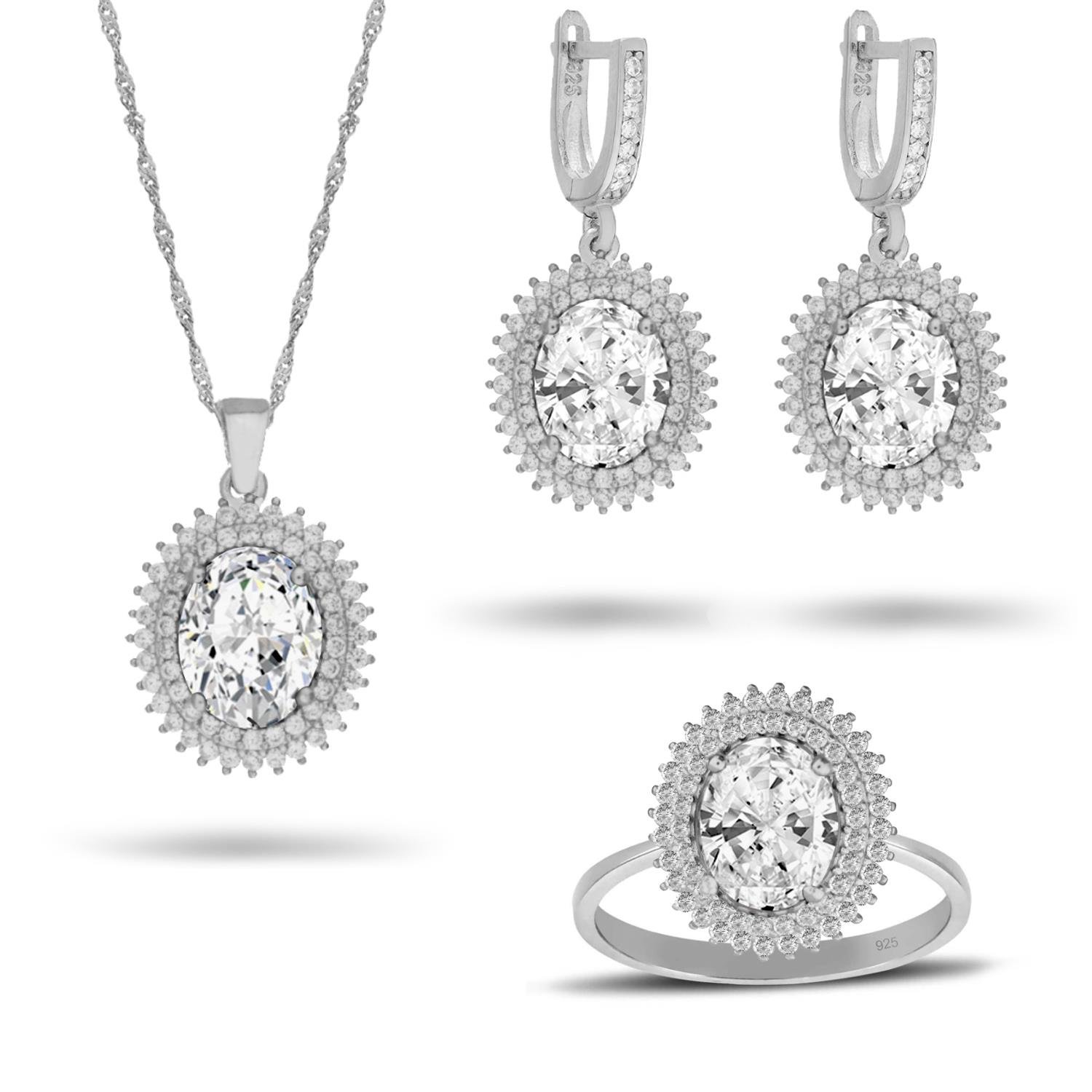 925 Ayar Gümüş Çift Sıra Taşlı Oval Takı Seti