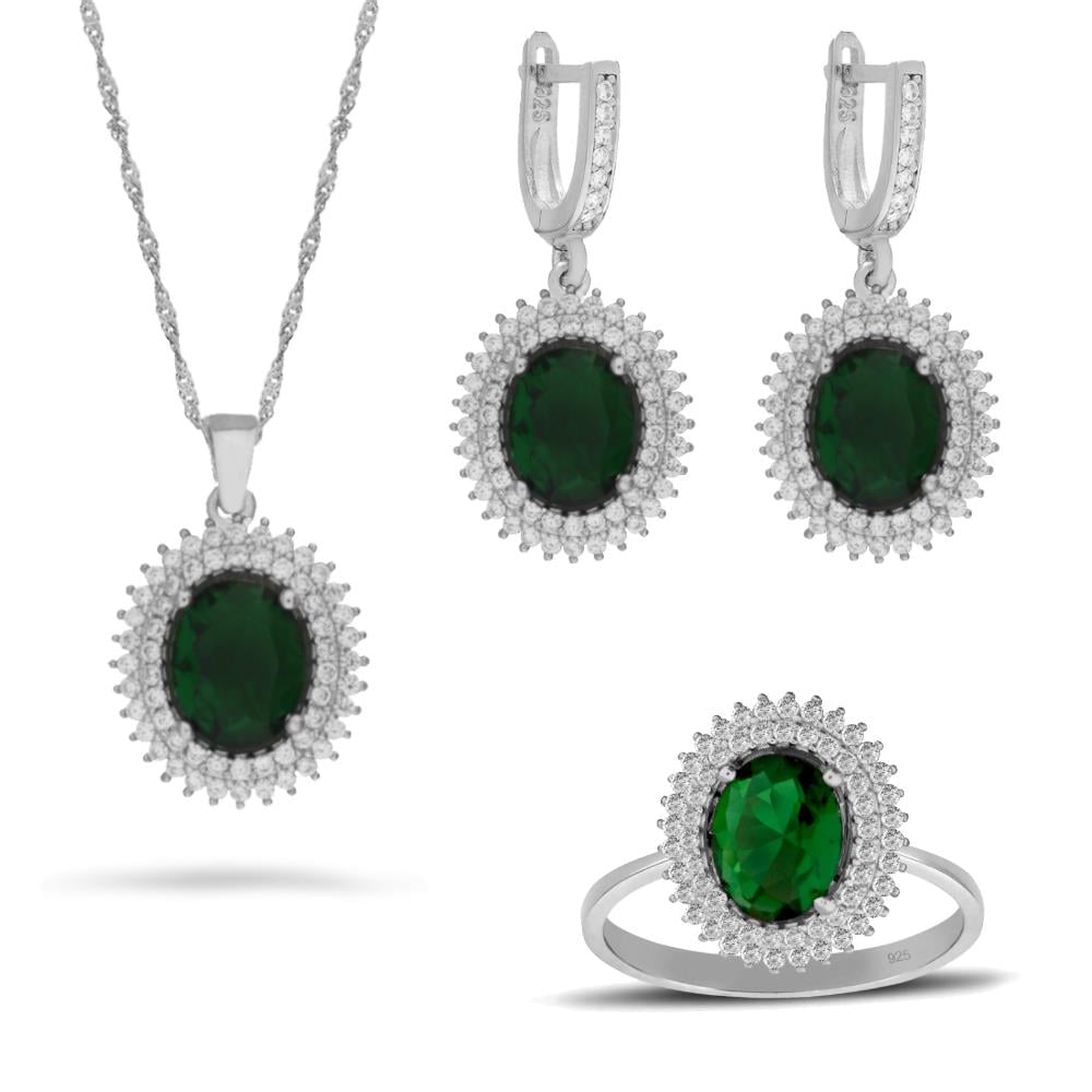 925 Ayar Gümüş Çift Sıra Taşlı Oval Takı Seti