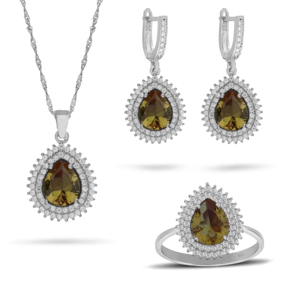 925 Ayar Gümüş Çift Sıra Zultanit Taşlı Mistik Topaz Damla Takı Seti