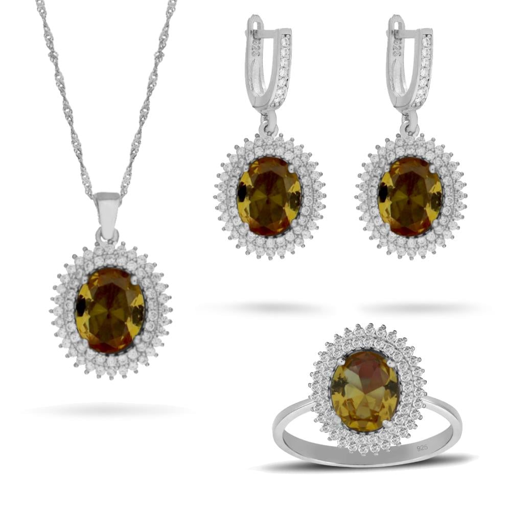 925 Ayar Gümüş Çift Sıra Zultanit Taşlı Oval Takı Seti